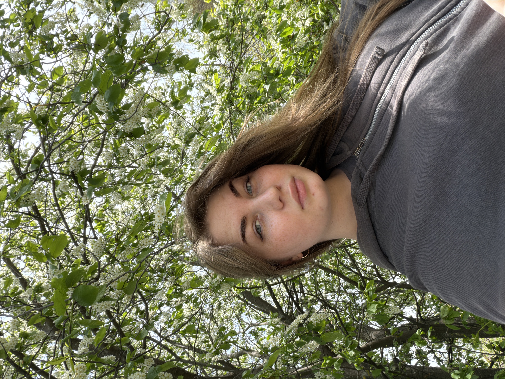 A woman with fair skin and long brown hair is the focus of the photograph. She is wearing a gray zip-up hoodie. The background features a tree with branches full of green leaves and small white flowers. The photograph appears to be taken from a low angle, looking up at the subject and the tree. It is not possible to determine whether or not the location is in the city of Chaikovsky, Russia, based on the image alone.