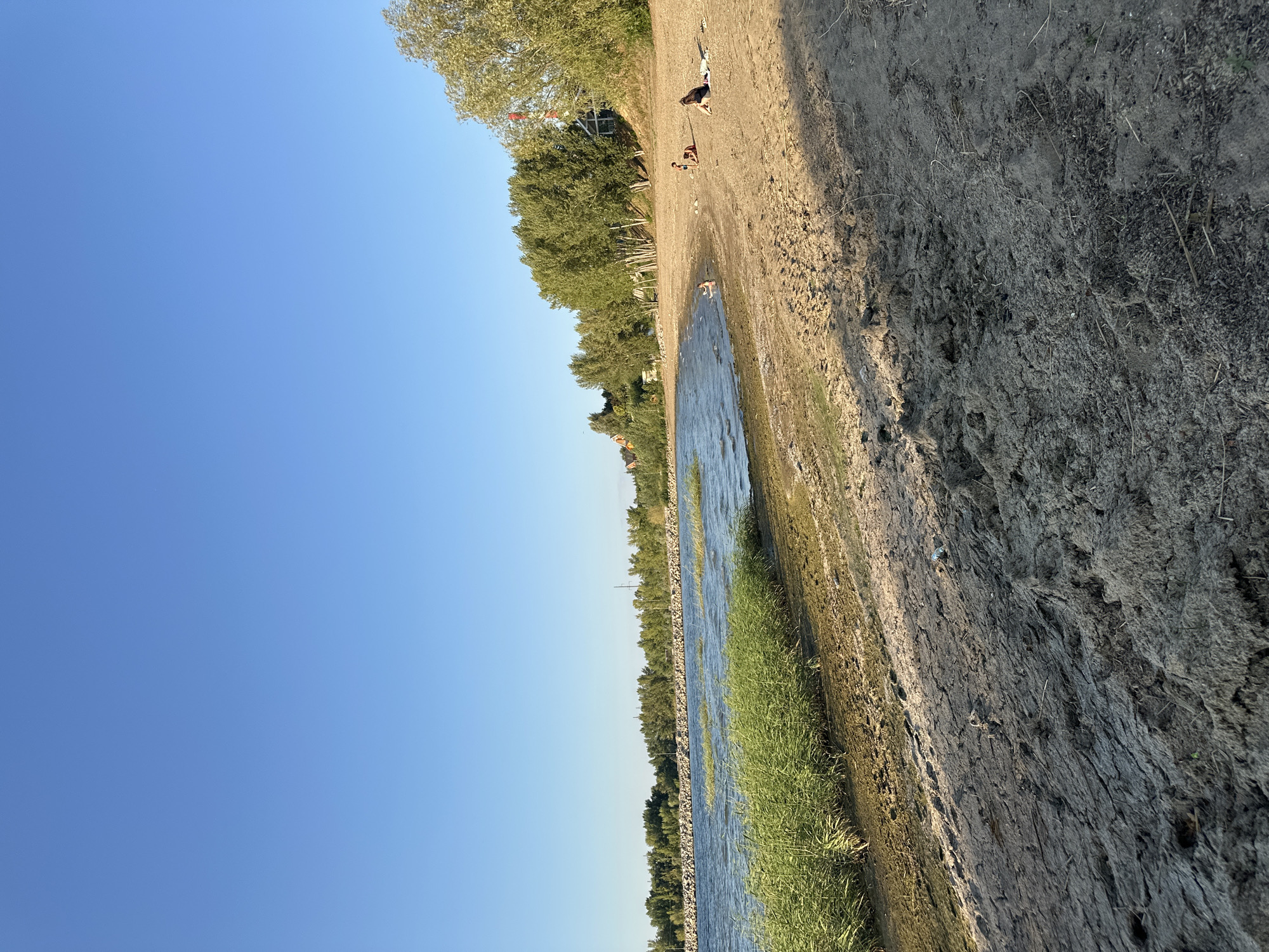 The image depicts a beach scene along a body of water, likely a river or lake, with a clear blue sky overhead. In the foreground, the sandy beach shows signs of being recently disturbed, with tracks and uneven terrain. Along the water's edge, a patch of tall green grass is visible.
The middle ground features the water with gentle waves, and further back, a line of trees forms the shoreline. A rocky barrier runs along the water's edge, separating it from the trees. In the distance, some buildings and structures are visible among the trees, suggesting a populated area.
On the sandy beach, three individuals are present. One person is sitting on the sand, another appears to be lying down, and a third is partially obscured. The overall impression is of a calm, outdoor setting, possibly during a summer day. The location is identified as Energetik, Russia.