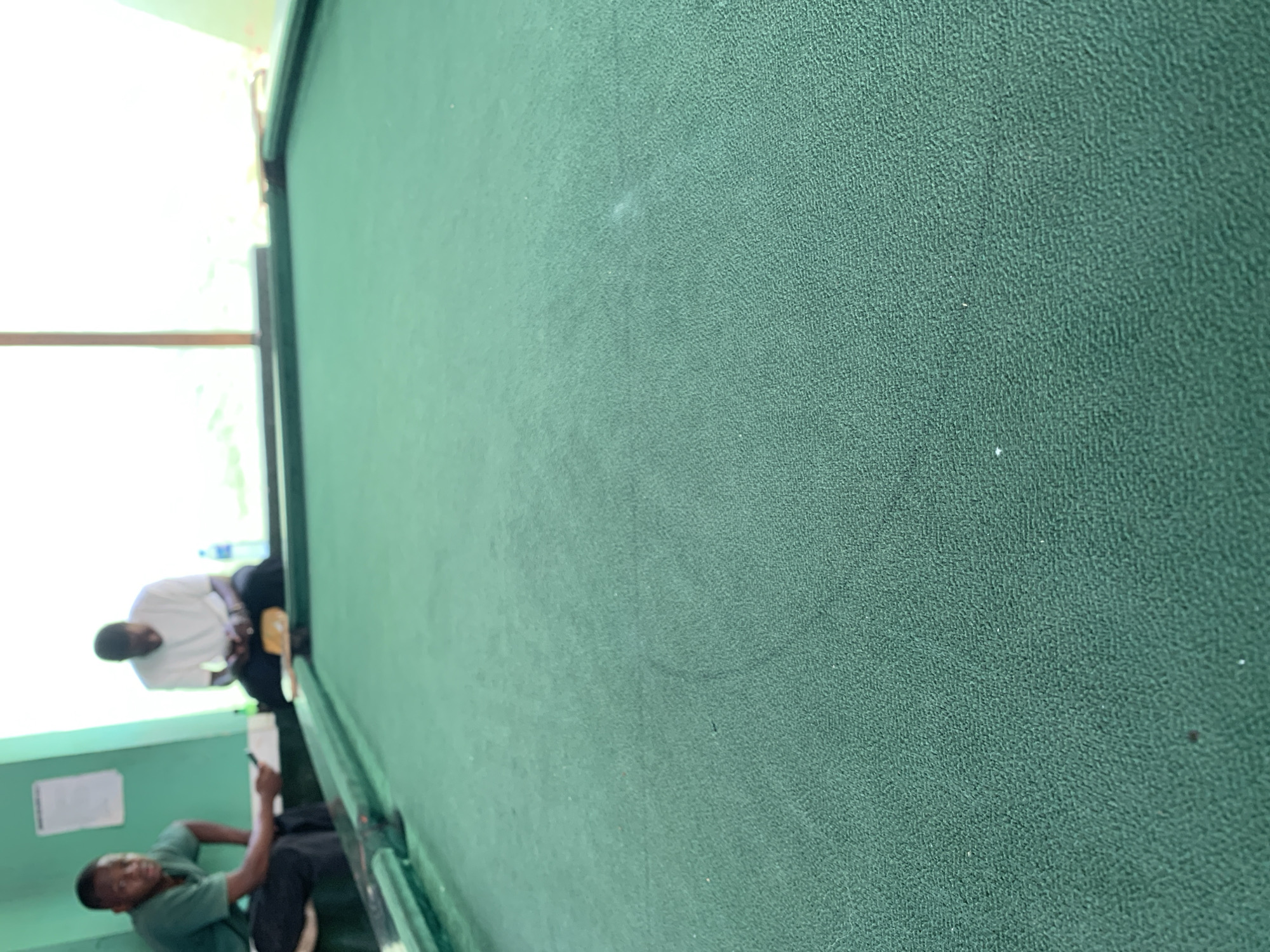 The image, rotated 90 degrees clockwise, captures a scene inside what appears to be a facility within the New Stadium, Nigeria. The dominant feature is a large, vertical green surface that fills the majority of the right side of the frame. This surface has a distinct, coarse, granular texture, similar to a sound-absorbing wall covering or a large display board, and is bordered by a dark frame.
To the left, two men are seated, likely on a bench or lower ledge against a light-colored wall. The man in the foreground, positioned lower in the frame, wears a green/teal short-sleeved shirt and dark trousers. He looks towards the camera with a neutral to slight smile, possibly holding a mobile phone in his left hand. Further back and slightly higher, another man is visible, dressed in a white short-sleeved shirt and dark trousers. He is looking downwards, possibly at a phone or object in his lap.
Behind the foreground man, a white rectangular sign or piece of paper is affixed to the wall, but no text is legible. The background on the far left reveals a brightly lit area, suggesting a large window or an open doorway leading to the outside. The overall lighting is bright, indicating it is daytime. The men appear to be relaxing or waiting, engaged with their phones. The setting suggests a casual, indoor common area or waiting space within the stadium complex.