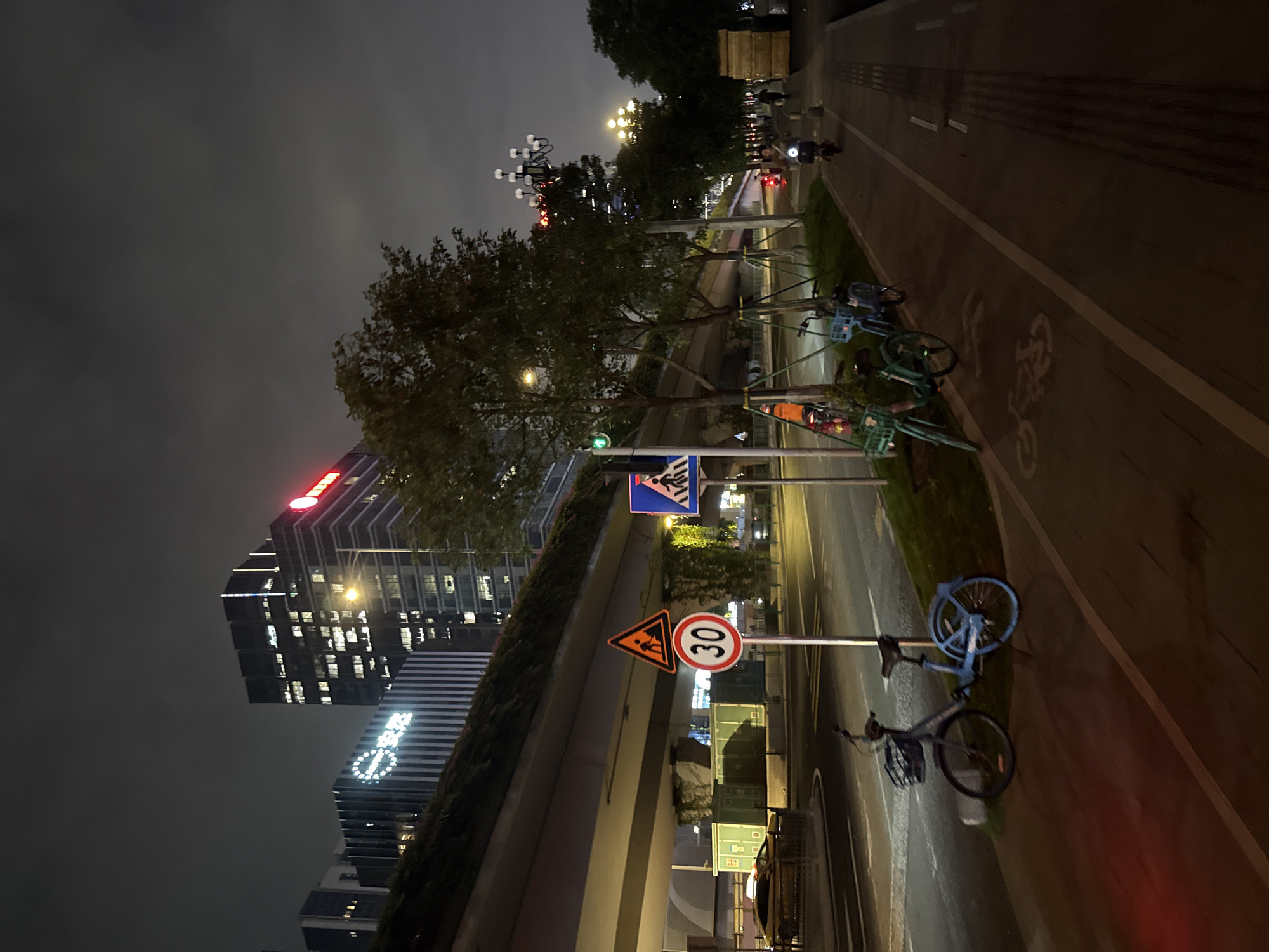 The image depicts a street scene at night in Tianhe District, China. A multi-lane road runs horizontally across the frame, with a raised overpass overhead. Several streetlights illuminate the scene. On the right side of the road, a paved pedestrian and bicycle path is visible.
Along the path, several bicycles are parked, including two blue shared bikes and a teal shared bike. A person on a scooter with a bright headlight is riding on the path in the mid-ground, and another person is walking on the sidewalk further down. A yellow taxi is visible on the road beneath the overpass.
Traffic signs are present, including a triangular orange sign depicting construction workers and a circular red sign with a white border and the number "30" inside, indicating a speed limit. Another sign with a blue background and white pedestrian silhouette denotes a crosswalk.
Buildings with illuminated windows rise in the background, suggesting an urban environment. Trees line the path on the left side, with some greenery also adorning the underside of the overpass. The sky is dark and overcast.