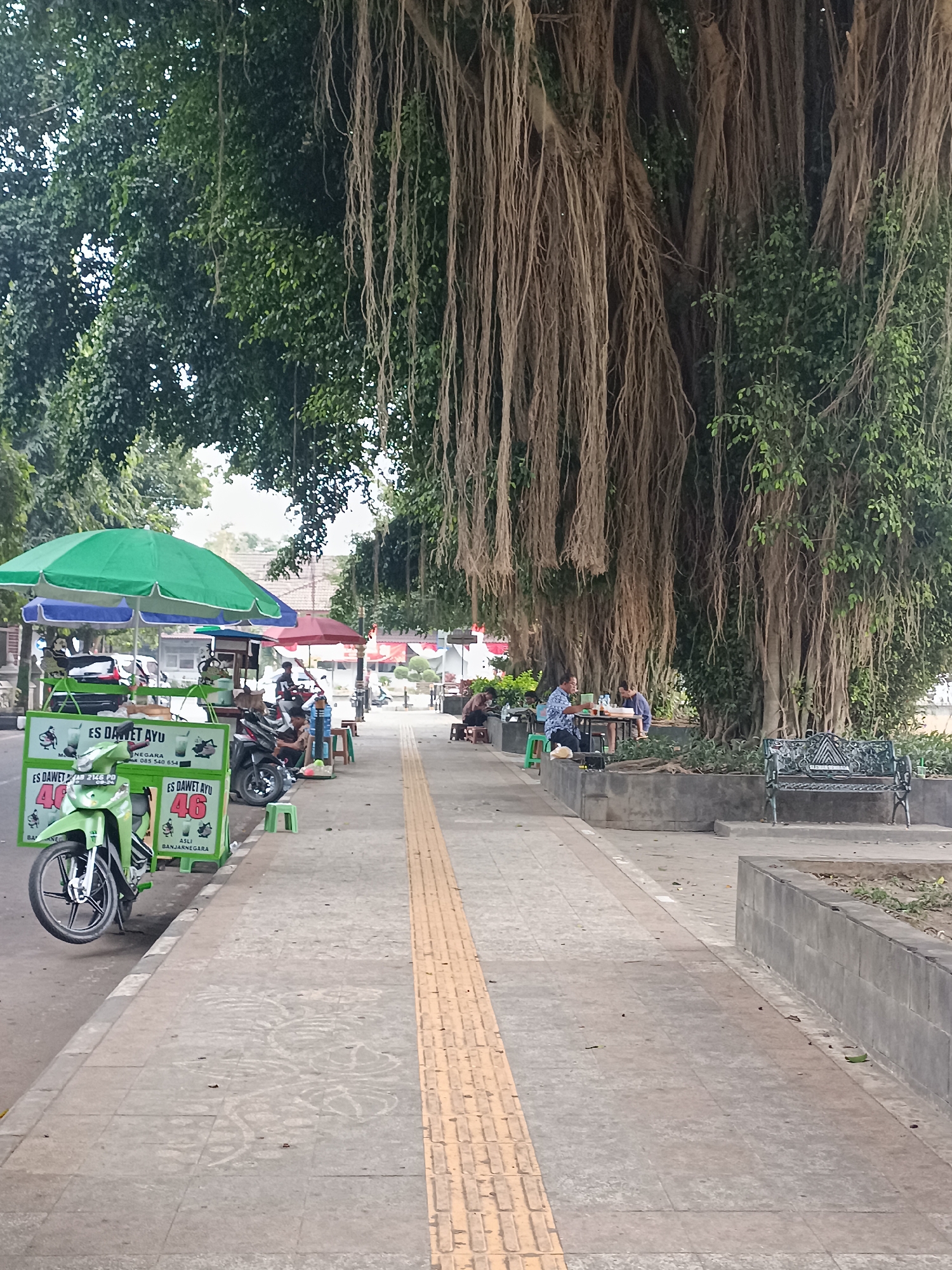 The image captures a street scene in Sleman, Indonesia, dominated by a large banyan tree with numerous aerial roots. The tree is situated next to a sidewalk that is bordered by a road. On the sidewalk, there are several food stalls with umbrellas and motorcycles parked nearby. One stall displays a sign for "ES DA WET AYU 46". Several people are visible, some sitting at tables near the tree, seemingly enjoying food or drinks, while others are near the stalls. A green motorcycle is parked prominently in the foreground. The environment appears to be an urban outdoor setting with trees lining the street and buildings in the background.