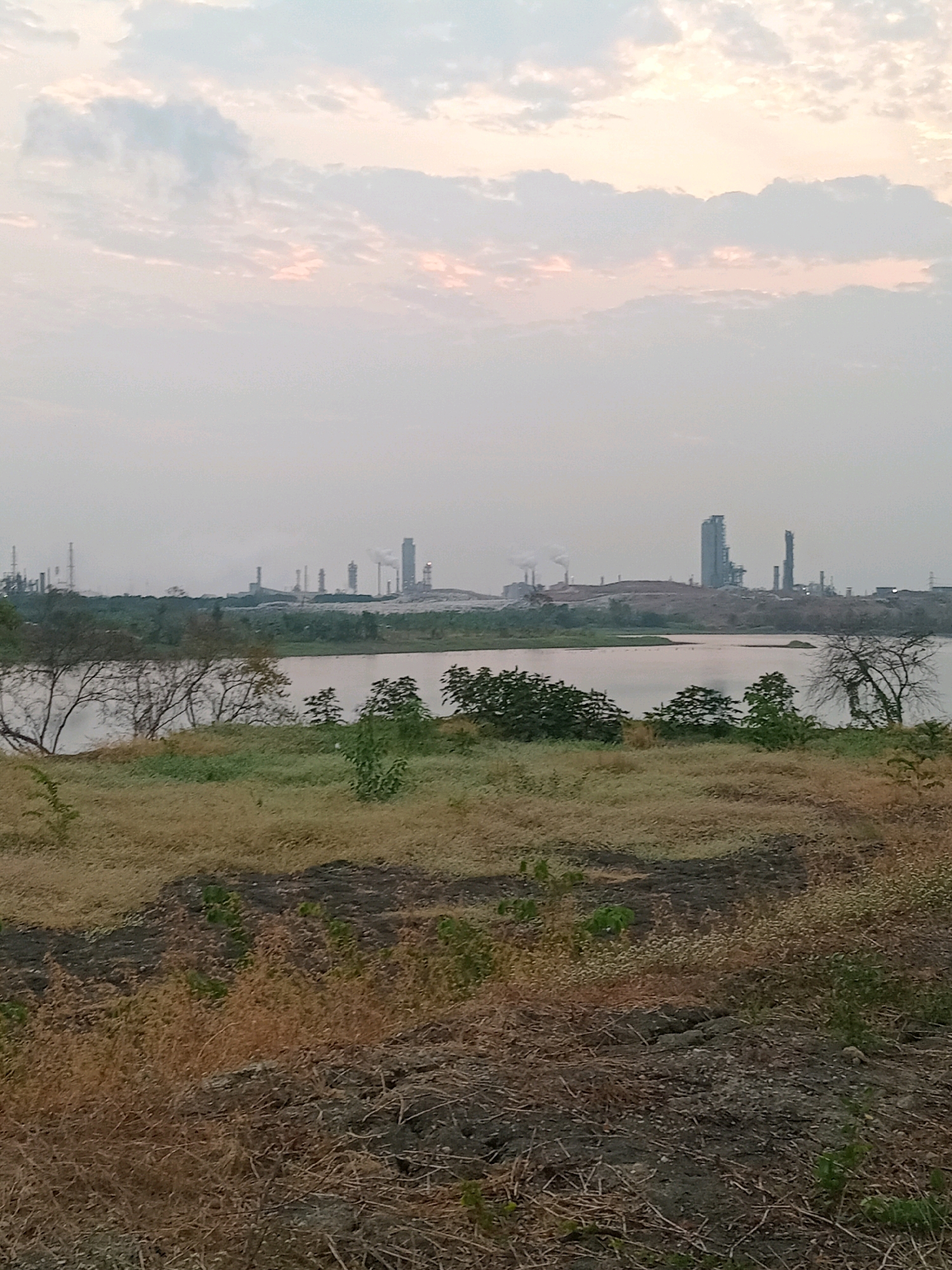 The image shows a wide, panoramic view of an industrial landscape at dusk, likely in Karangturi, Indonesia. In the foreground, a grassy, dry embankment slopes down towards a body of water. The water reflects the muted colors of the sky, which is filled with soft, diffused clouds tinged with pink and orange hues from the setting sun. Beyond the water, a sprawling industrial complex dominates the horizon. Numerous factory structures, smokestacks emitting plumes of white vapor, and tall buildings are visible. The overall atmosphere is one of industrial activity set against a tranquil, natural environment. There are no people visible in the image.