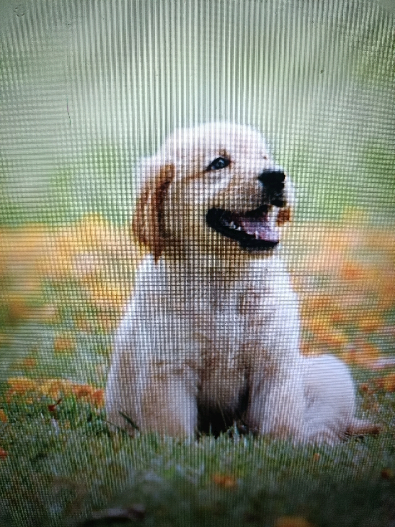 A light-colored golden retriever puppy sits on a patch of green grass, its mouth open in a happy expression. The puppy's fur is light golden brown, and its ears are floppy. The background is blurred, with hints of yellow and orange suggesting fallen leaves or flowers. The overall scene is outdoors, likely in a park or backyard. There is no information in the image that would indicate its location in Mohanlalganj, India.