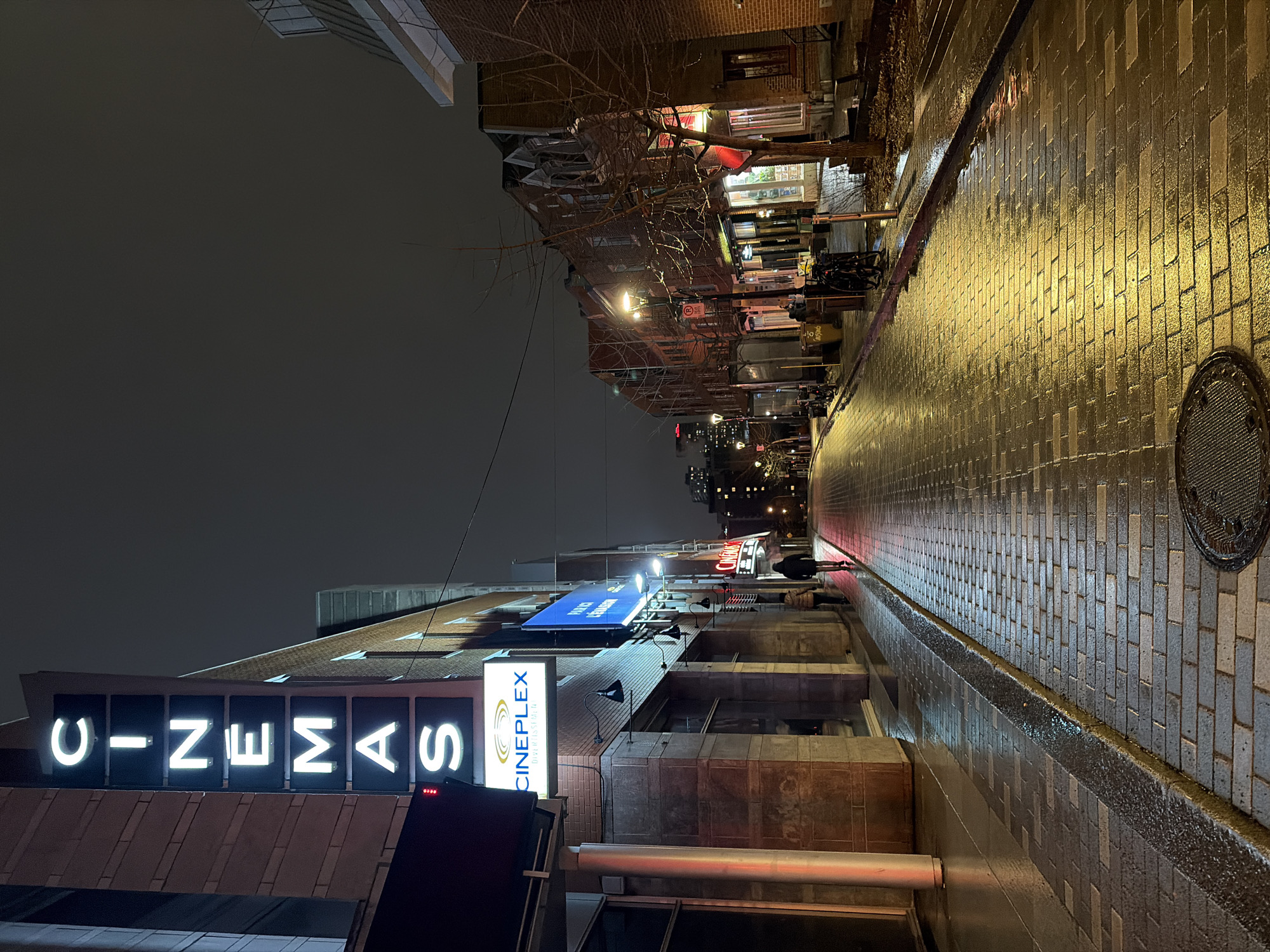 This image depicts a street scene at night, likely after rainfall, in Montreal, Canada. The street is paved with light-colored brick and reflects ambient light. The "CINEMAS" and "CINEPLEX" signs indicate the presence of a movie theater, probably the "Cineplex Forum Montreal" located on Sainte-Catherine Street West in downtown Montreal. A person is walking on the wet sidewalk. Buildings line both sides of the street, illuminated by streetlights and shop windows. The sky is overcast. A manhole cover is on the right edge of the street.