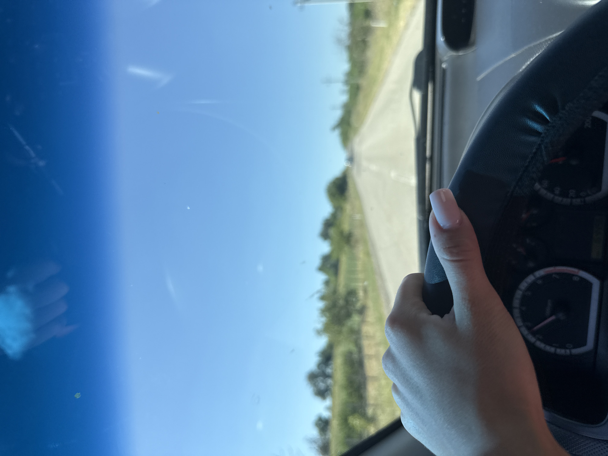 A first-person perspective shot captures a hand, likely belonging to a driver, holding the steering wheel of a car. The car is on a road, with a clear blue sky and a landscape of trees and fields visible through the windshield. The dashboard, including a speedometer, is partially visible. The image appears to have been taken during daylight. There is no indication of the location being Basarabeasca, Moldova.