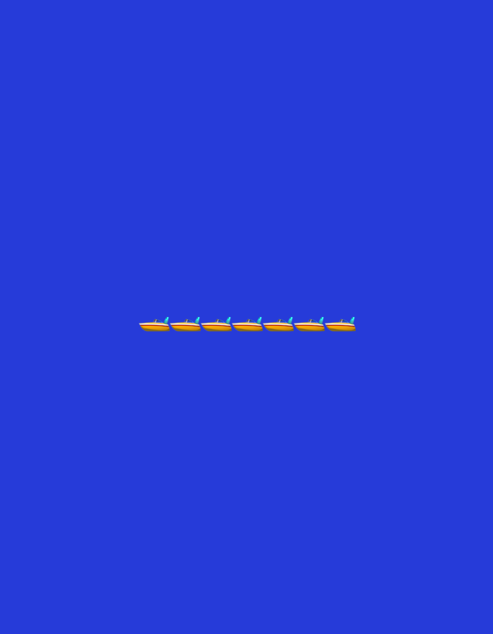 The image displays a simple graphic with a solid royal blue background. Centered horizontally and positioned in the upper portion of the frame is a row of eight identical cartoonish yellow boats with blue accents. The boats are evenly spaced and appear to be facing to the right. No further details of the surrounding environment or context are visible.