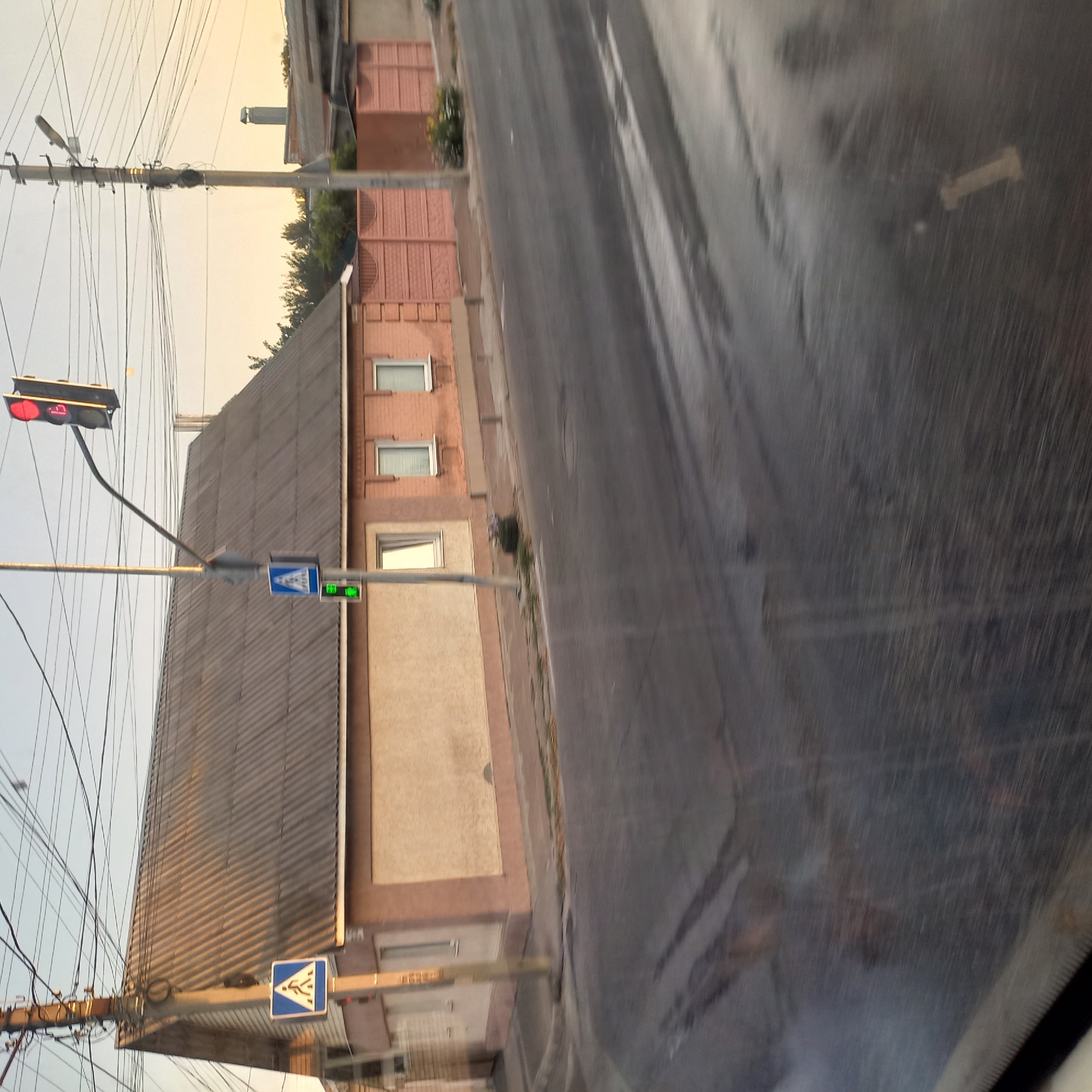 The image depicts a street scene in Kropyvnytskyi, Ukraine, likely during daylight hours given the illumination. In the foreground, a wet asphalt road shows tire marks and reflections. Across the street, a low-rise building with a grey, corrugated roof dominates the left side of the frame. Adjacent to this building, a light pole supports a traffic signal displaying a red light and a pedestrian crossing sign. Further to the right, another building with a light beige facade is visible, followed by a pink brick fence with decorative elements. The background consists of trees and a clear sky, suggesting an urban or suburban environment. The overall impression is one of a typical street corner with traffic control devices and residential or commercial structures.