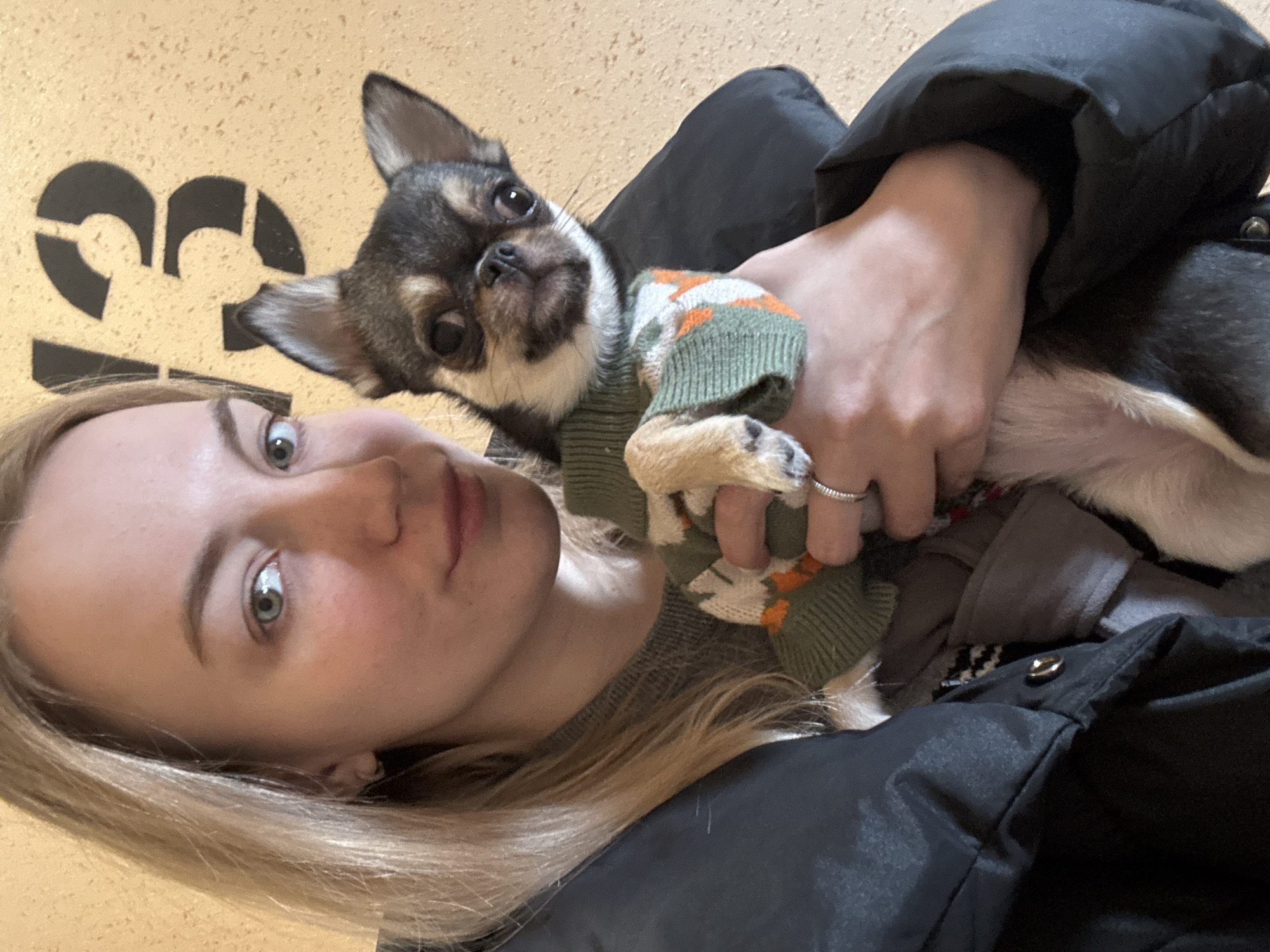 A woman with light blonde hair and blue eyes is holding a chihuahua dog wearing a green and orange sweater. She is wearing a black puffer jacket. The background is a tan-colored wall with a black stencil design. The location cannot be determined with the information provided.