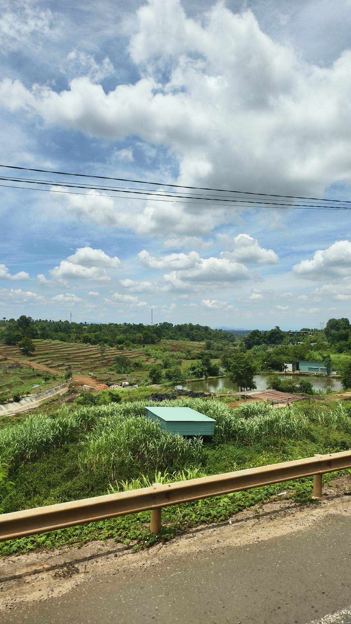 The image depicts a scenic rural landscape in the vicinity of Chư Sê, Vietnam, under a partly cloudy sky. The foreground features a weathered, yellow guardrail alongside an asphalt road, suggesting a roadside perspective. Beyond the guardrail, a dense expanse of tall green grass and vegetation dominates the mid-ground. Nestled within this greenery is a light blue, rectangular structure with a corrugated metal roof.
Further into the distance, a body of water, possibly a pond or small lake, reflects the sky and surrounding trees. Adjacent to the water are more structures, including a building with a similar blue, corrugated roof and another structure with a brown, sloped roof. The landscape transitions into terraced fields, indicative of agriculture, with evidence of construction or land preparation, including exposed earth and piles of materials.
The background is characterized by rolling hills covered in lush green trees, creating a sense of depth and natural beauty. In the far distance, two towering electrical pylons are visible on the horizon, hinting at the presence of infrastructure. The overall impression is one of a developing rural area, blending natural landscapes with human activity and development. There are no discernible people or animals in the image.