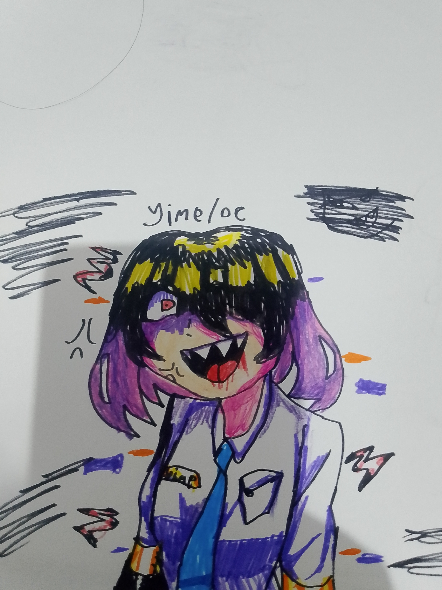 The image is a drawing on a white surface, likely paper. The drawing depicts a stylized character with black and yellow hair, purple accents, and a red eye. The character has sharp teeth, a wide, unsettling smile, and appears to be wearing a white shirt with a blue tie and a purple vest or skirt. There are scribbled lines and abstract shapes in black, red, purple, and orange surrounding the character, giving a sense of distress or glitching. The text "yimeloe" is written above the character's head. There is no indication of a specific location in Se'pon, Indonesia, or any real-world environment. The drawing is a work of art, not a depiction of a real-world scene.