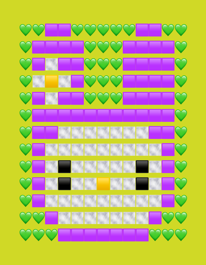The image displays a digital artwork, a pixel-art mosaic, constructed entirely from various emojis on a vibrant chartreuse background. The arrangement of these emojis forms a stylized, symmetrical face, resembling a cat or a similar animal.
The perimeter of the entire emoji mosaic is framed by green heart emojis (π), forming a complete border on all four sides. Inside this border, the main structure of the face is composed primarily of light grey square emojis (β¬). Distinct facial features are evident within this grid. Two black square emojis (β¬) serve as the eyes, positioned centrally on either side. Below them, a single yellow square emoji (π¨) represents the nose or mouth.
Purple square emojis (πͺ) are strategically placed throughout the pattern, contributing to the shape of the head, possibly indicating ears at the top, and creating striped patterns or textural elements within the face, such as suggesting whiskers or cheek lines.
The image is a static, decorative piece of emoji art, with no people, explicit activities, or visible text. The context provided indicates the location is Dunavtsi, Bulgaria.