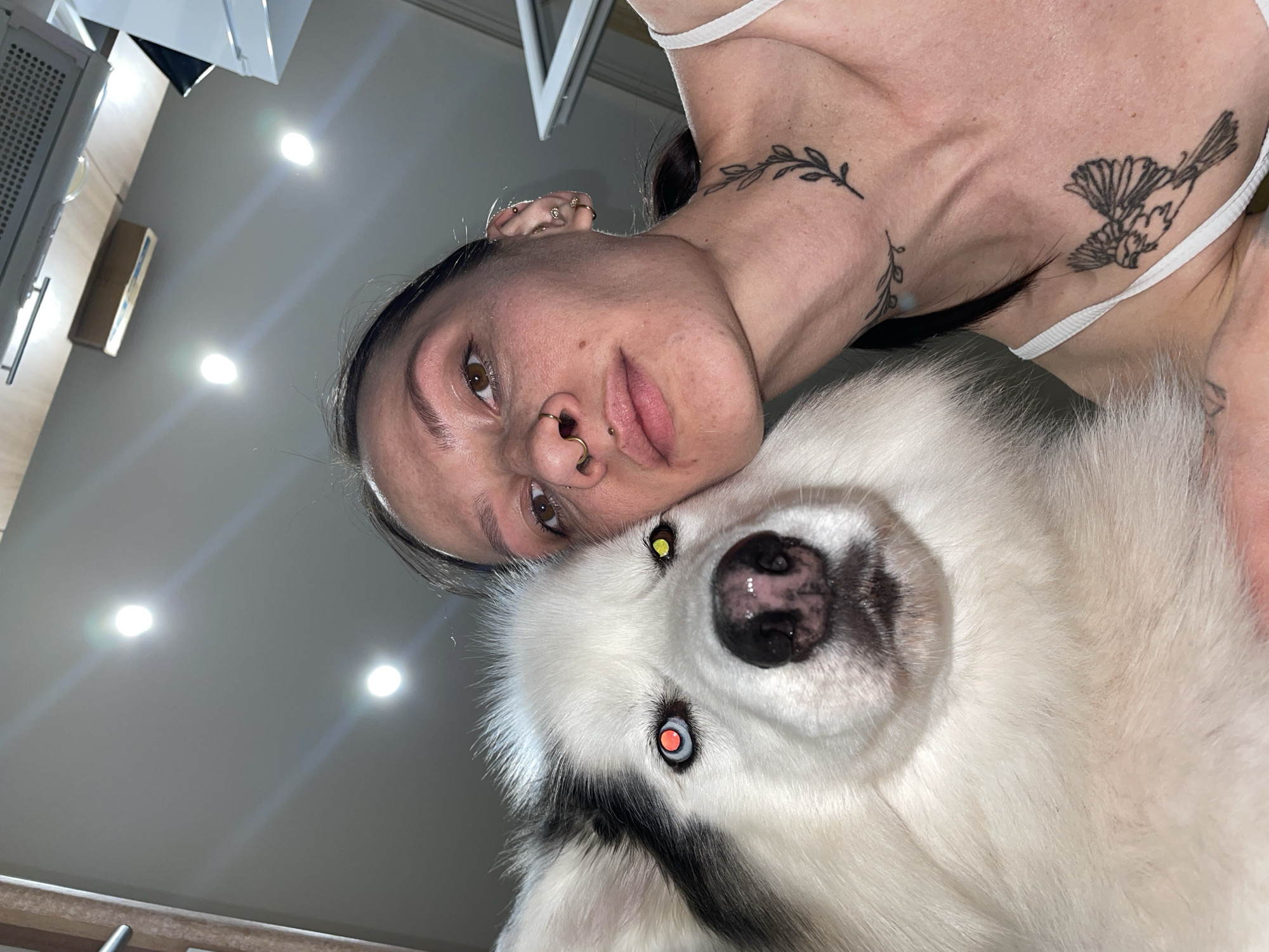 An indoor, close-up, diagonal-orientation photograph depicts a human individual and a dog in what appears to be a residential setting, reportedly located in Izhevsk, Russia.
The human subject, positioned on the left and upper portion of the frame, is a person with dark hair, visible brown eyes, and light skin. Notable features include multiple facial piercings: a gold ring in the septum, a small stud above the upper lip (philtrum), and several ear piercings adorned with small gold jewelry. Tattoos are visible on the upper torso/neck area, including a leafy branch design on the side of the neck and a bird graphic on the upper chest. A white strap of clothing is visible over the shoulder. The person's face is pressed against the dog's head, gazing directly at the camera.
The animal subject, occupying the lower and right portion of the frame, is a large dog with thick white fur and some darker markings around its eyes. Its nose is black. The dog's eyes exhibit a strong flash reflection, with one appearing bright yellow and the other a prominent red/blue. The dog's head is tilted, and it looks towards the camera.
The background, visible above and to the left of the subjects, shows a light-colored ceiling with at least two illuminated recessed light fixtures. A section of a light-colored cabinet or wall unit with a metal handle is partially visible on the far left, suggesting a kitchen or utility area. The overall lighting is bright, likely from artificial sources and a photographic flash.