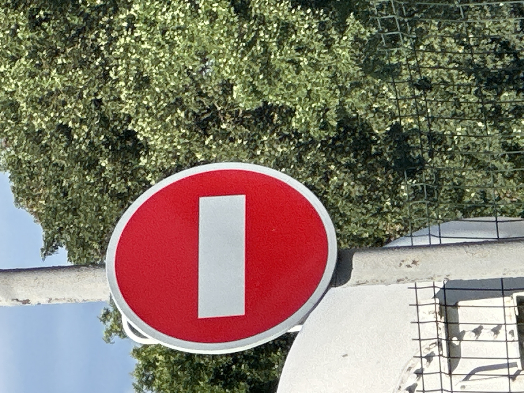 The media file shows a close-up of a red circular sign with a white rectangle in the center. The sign appears to be a traffic sign, possibly indicating "Do Not Enter" or a similar restriction, common in Ukraine. The sign is mounted on a grey, textured pole or barrier. In the background, there is lush green foliage from trees or bushes, and a black metal fence. The sky is visible in the upper left portion of the image, appearing blue. The lighting suggests it is daytime, with sunlight illuminating the scene and creating some highlights on the sign and foliage. The image is oriented vertically. No people are visible. The location context provided is Shatava, Ukraine.