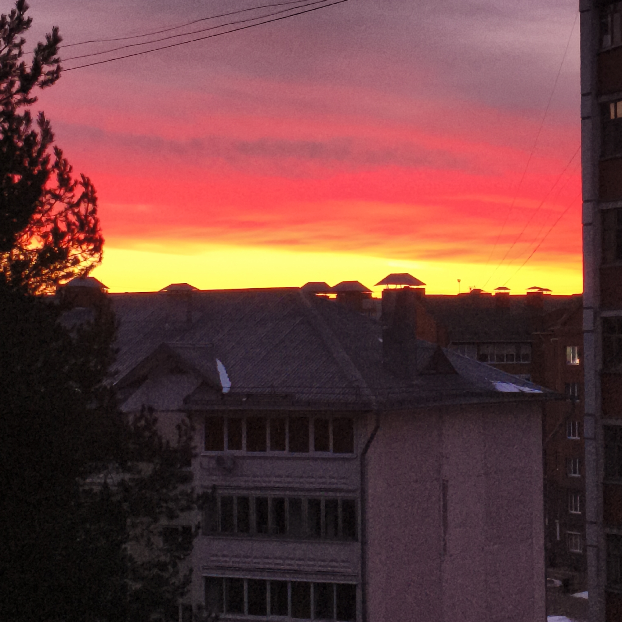 The image depicts a vivid sunset over the city of Chaikovsky, Russia. The sky transitions from yellow near the horizon to a vibrant red above. In the foreground, a tree is silhouetted against the colorful sky on the left. Several low-rise buildings with dark-colored roofs and chimneys are visible, with a taller apartment building on the right edge of the frame. Utility lines are strung across the upper part of the image.
