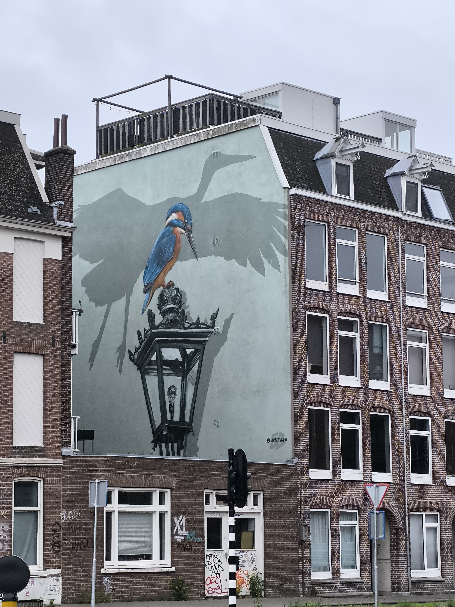 A mural featuring a kingfisher perched atop a street lamp adorns the side of a brick building in Amsterdam, Netherlands. The kingfisher, rendered in blue and orange hues, casts a large shadow in the shape of another bird across the wall. The building itself is constructed of red brick with white-framed windows. Graffiti marks the lower portion of the building near the street level. A traffic light pole, painted with black and white stripes, stands in front of the building. The sky above is overcast and grey. Other buildings flank the mural, displaying typical Amsterdam architecture.