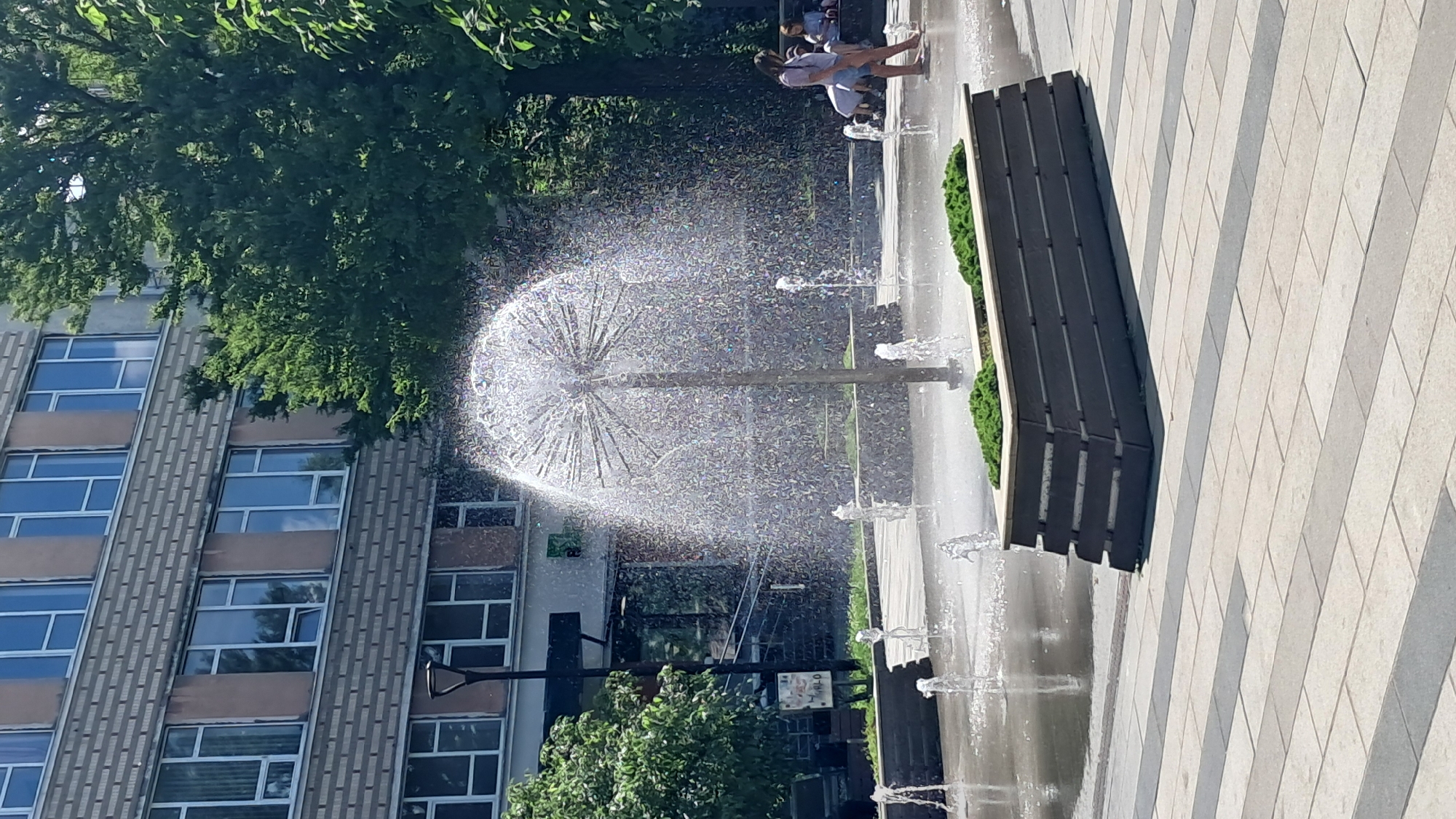 The image captures a bright, sunny day in Ternopil, Ukraine, likely during warmer months. The scene is an outdoor public space, possibly a plaza or park, featuring a modern fountain that sprays water in a large, spherical pattern resembling a dandelion. Several smaller water jets also emerge from the ground, creating a playful and refreshing atmosphere.
In the background, a multi-story building with a patterned facade and numerous windows is visible, suggesting an urban or semi-urban environment. Lush green trees provide a natural element, contrasting with the modern architecture and paved ground.
A dark wooden bench with greenery planted at its base is positioned to the right of the fountain. In the upper right portion of the image, a few individuals are enjoying the water feature. One person, wearing a white top and blue shorts, is barefoot and appears to be interacting with the water spray. The overall mood is one of leisure and enjoyment, indicative of people seeking relief from the heat. The paved ground is made of light-colored rectangular tiles arranged in a diagonal pattern. The sunlight reflects off the water droplets, creating a shimmering effect.