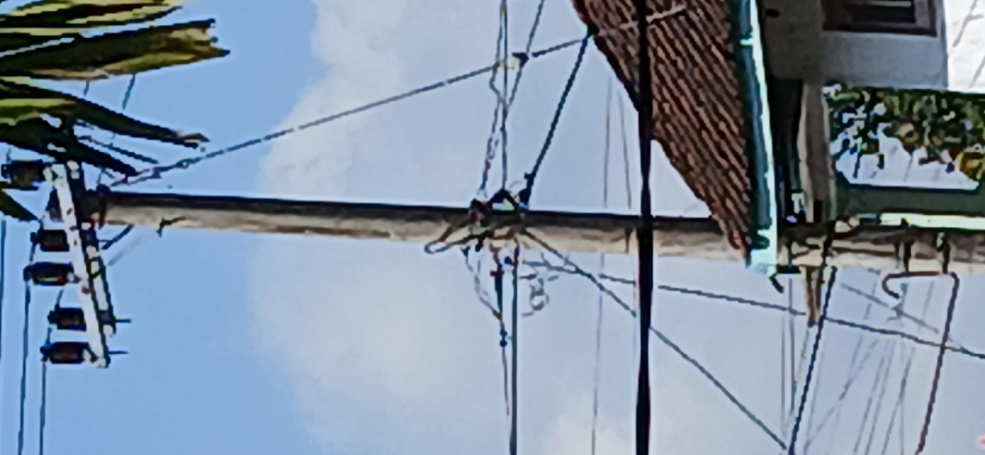 In Pejaten, Indonesia, an outdoor scene captures a wooden utility pole supporting electrical wires against a bright, cloudy sky. To the right, the upper section of a building's brown tiled roof and white wall are visible. The pole is adorned with insulators holding multiple wires, and a section of a palm frond can be seen to the upper right. The lower portion of the pole reveals some kind of attachment with curved elements, and a white framed opening with greenery is visible on the building to the right.