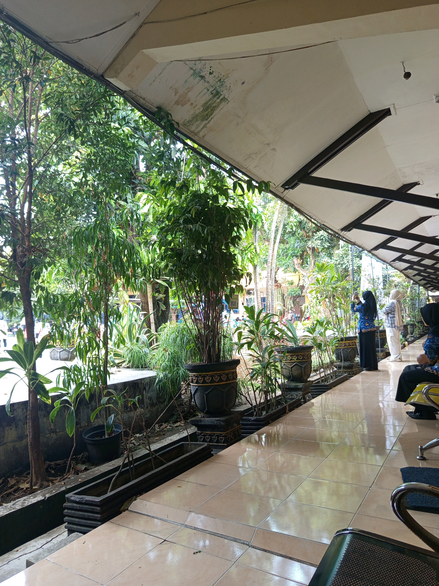 The image depicts an outdoor walkway with a covered roof supported by dark metal beams. The walkway is paved with beige square tiles that reflect the overhead light and the surrounding greenery. To the left, a row of potted plants, including tall trees and smaller leafy plants, line a concrete wall. The plants are in various decorative pots, some of which are dark with intricate gold patterns. Beyond the plants, there are glimpses of buildings and more trees, suggesting an urban or semi-urban setting.
In the background, on the right side of the walkway, several people are visible. One woman in a dark blue and white patterned uniform and headscarf is taking a picture with her phone. Another woman, in a white headscarf and a white and blue striped top, stands next to her. A third person, wearing a dark blue uniform and headscarf, is seated on a chair to the far right. The overall impression is a calm, possibly waiting area, adjacent to a garden or green space. The scene is likely in Malang, Indonesia, given the style of architecture and clothing.