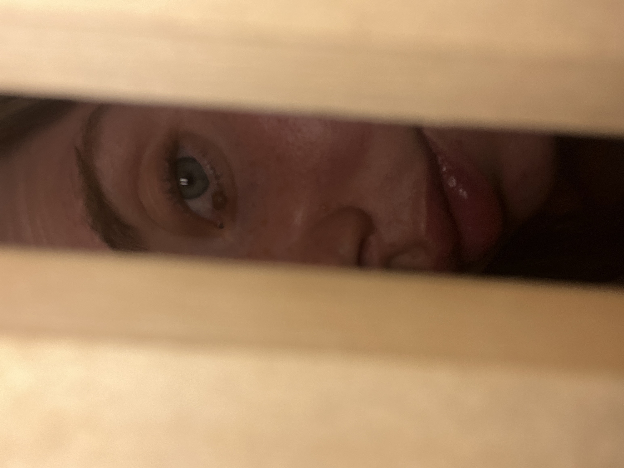 A close-up image shows a person's face partially obscured by wooden slats. Only one eye, part of the nose, and a section of the lips are visible through the gap. The eye is blue-green, with surrounding eyebrow hairs. The skin appears fair. The wooden slats are light brown. The image appears to be taken indoors. There is no evidence in the picture to suggest a location in Chaikovsky, Russia, or any other specific location.
