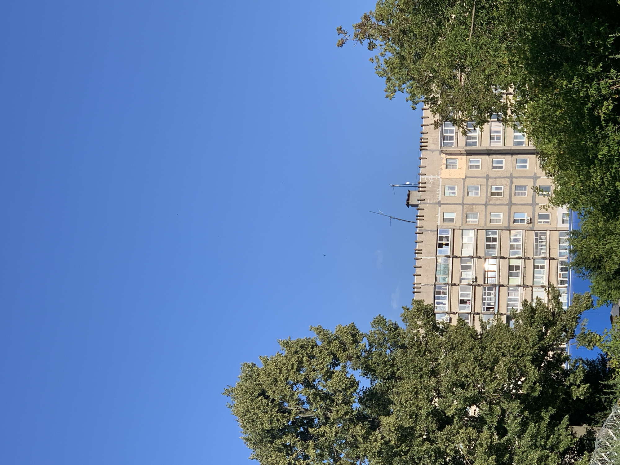 The media file shows a tall, gray apartment building with a clear blue sky as the backdrop. Lush green trees frame the building on both sides, with their leaves obscuring parts of the structure. The building has numerous windows, many of which are rectangular and appear to be uniformly spaced. Some windows are open, revealing the interior, while others are closed. There are also what appear to be air conditioning units mounted below some windows. On the top of the building, there are antennas and other rooftop structures. The sun is bright, casting shadows and highlighting the windows of the building. The image has a slightly tilted perspective, as if taken from a lower angle looking upwards. The scene suggests a daytime setting on a clear day. There are no people visible. The location is identified as Pavlovo, Russia.