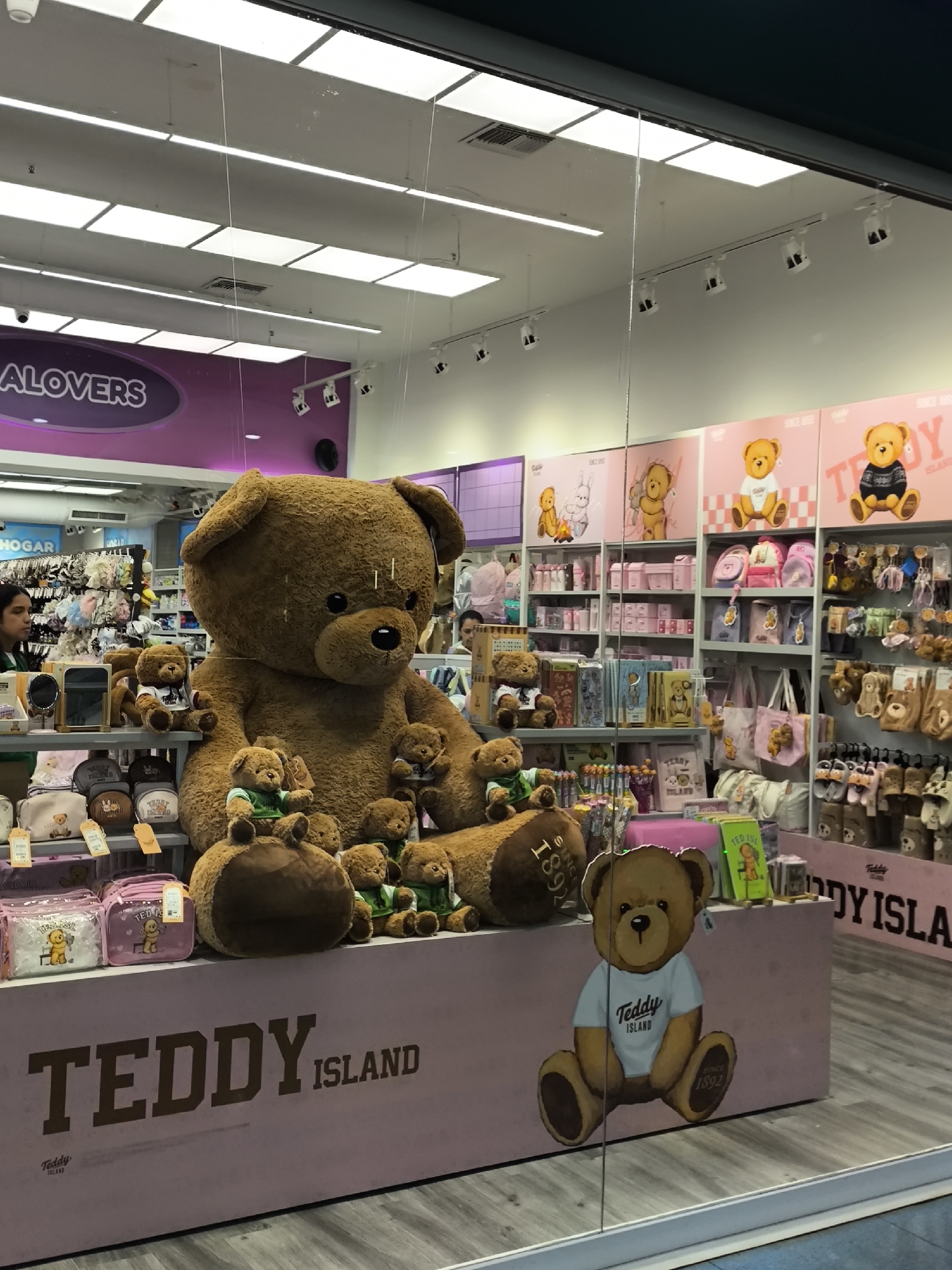 The image captures the display window of "Teddy Island," a store specializing in teddy bear-themed merchandise. A giant, brown teddy bear sits amidst smaller teddy bears wearing different colored shirts on a light pink display counter. The display reads "Teddy Island" in large letters. A graphic of a teddy bear wearing a white t-shirt is printed on the window. Shelves behind the teddy bears are stocked with merchandise like bags, accessories, and plush items. "Aloovers" is visible at the top. People are visible inside the store. The store appears to be located in a modern shopping mall.