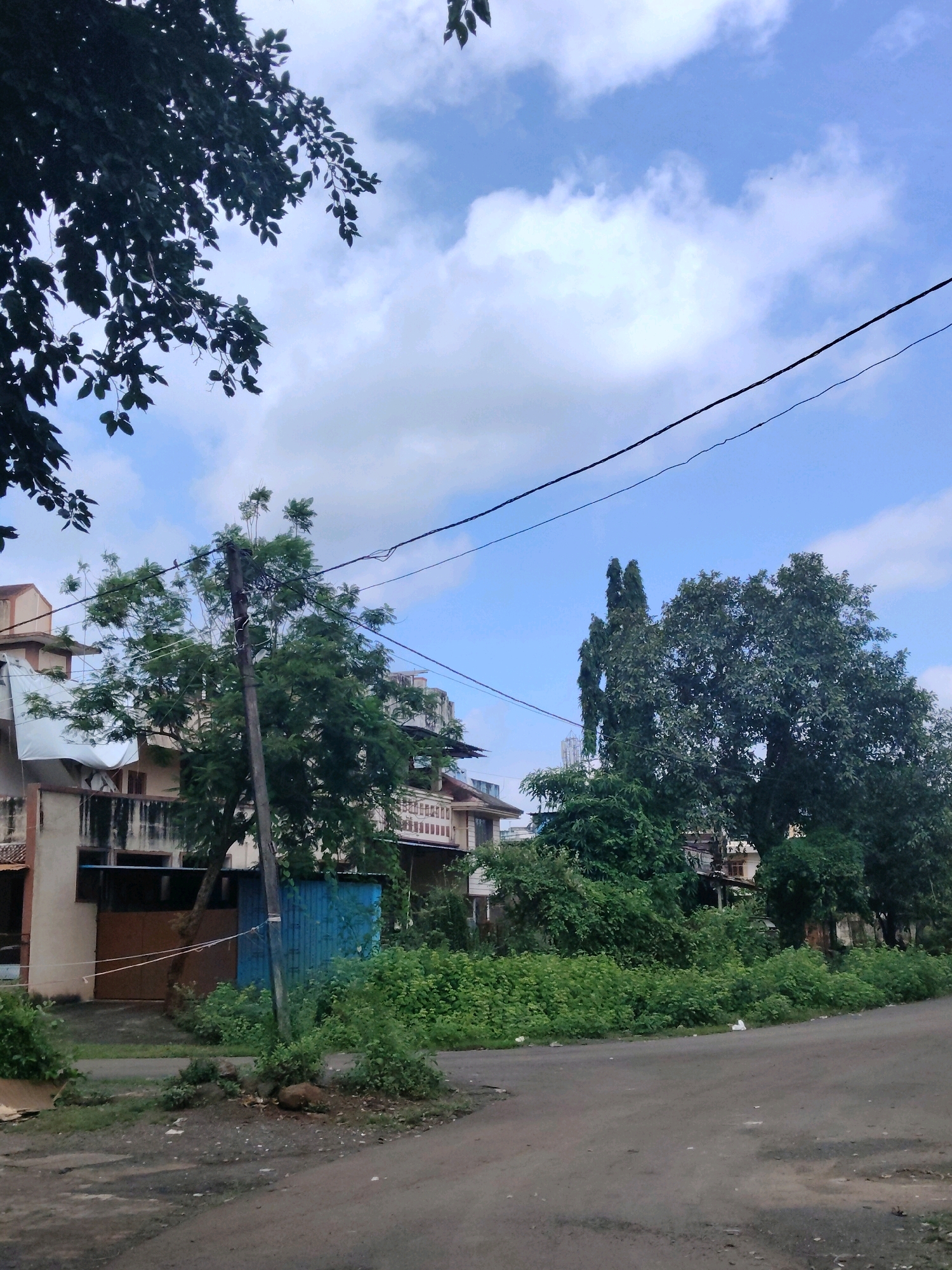The image depicts a street scene in Vyara, India, under a partly cloudy sky. In the foreground, a paved road curves to the right, with patches of dry earth and sparse vegetation along its edges. A wooden utility pole stands prominently on the left side of the road, with several electrical wires stretched across the frame above it.
Behind the utility pole, a building with multiple levels and balconies is visible, partially obscured by trees. The building appears to be residential or commercial, with beige and white facades. A blue corrugated metal structure is situated near the base of the utility pole. Lush green vegetation, including dense bushes and trees, fills the midground and extends behind the building, creating a natural barrier. Further back, another large tree with a full canopy is seen on the right, and a tall, slender tree with multiple leaders stands to its left. The background is dominated by the sky, a mix of blue patches and white clouds. No people are visible in the scene, and the overall impression is one of an urban fringe or a less developed area of the city.