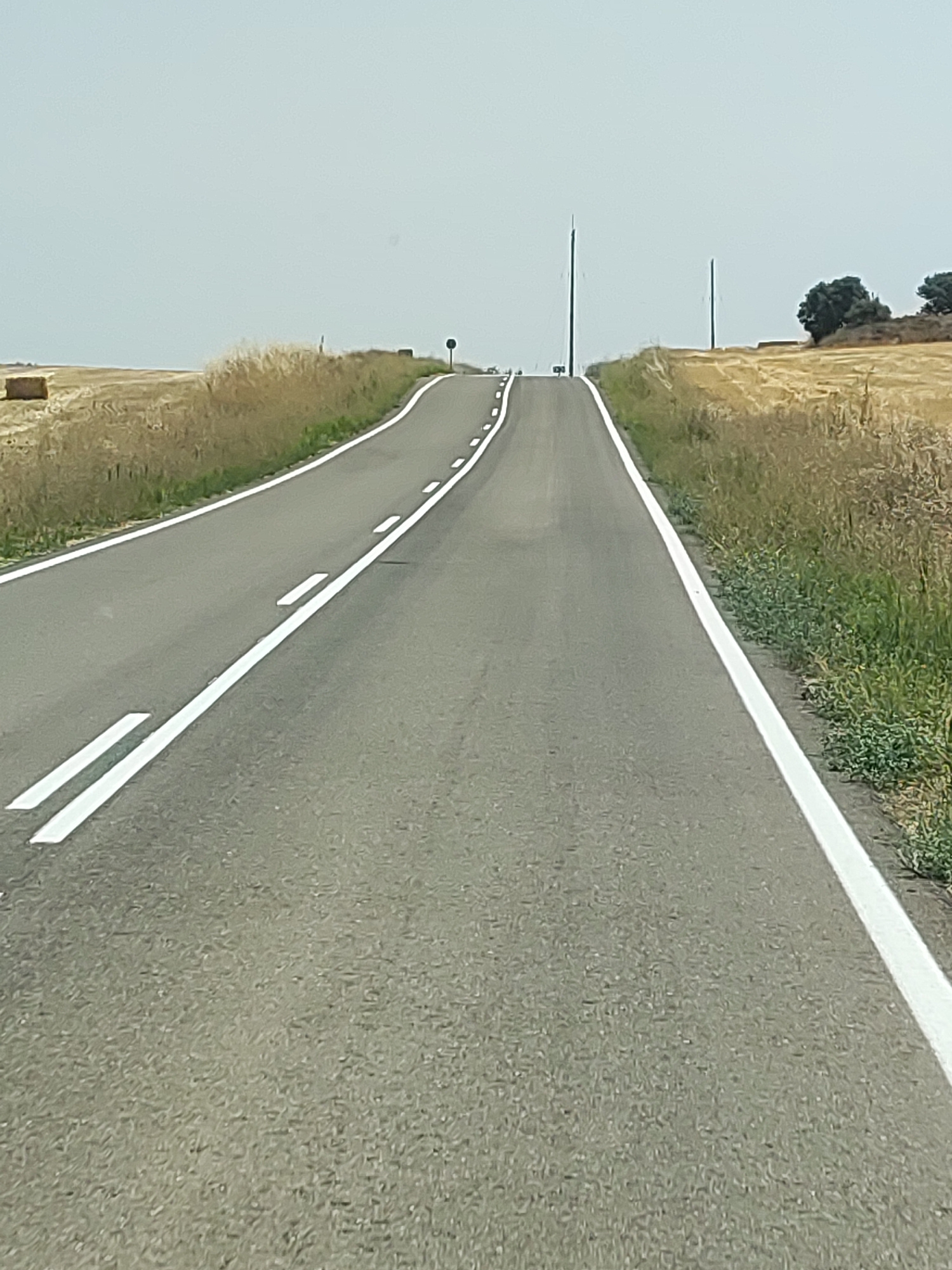 The image depicts a two-lane asphalt road curving uphill through a rural landscape under a hazy sky. The road is bordered by white lines, with dashed lines indicating the separation of lanes. On the left side of the road, a field of harvested wheat, marked by several large, rectangular hay bales, stretches towards the horizon. Tall, dry grass and weeds grow along the edge of the road. On the right side, the vegetation is greener and taller, with sparse trees visible in the distance. Two tall, slender poles, likely power line poles, stand prominently in the middle ground. In the distance, on the crest of the hill, a circular traffic sign with a red border is visible. The scene appears to be a quiet, rural road in the vicinity of Cigales, Spain, likely during a warm, dry season given the harvested fields and dry vegetation. No people or vehicles are present in the image.