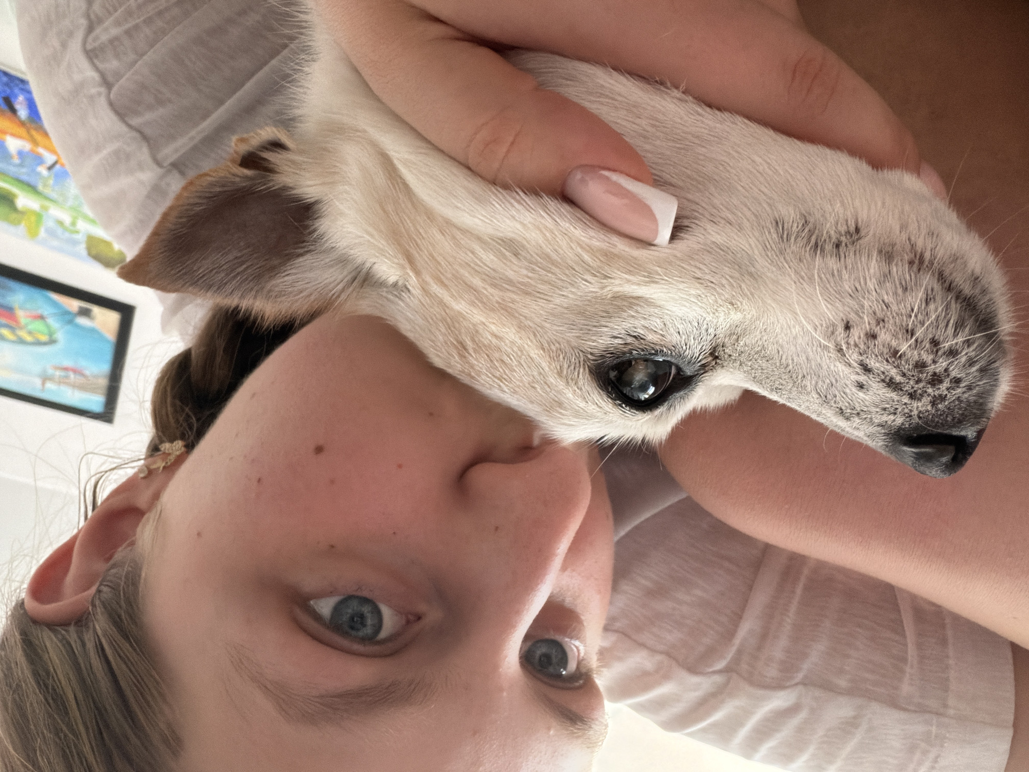 A close-up selfie captures a young woman with blue eyes and brown hair embracing a small dog. The woman is wearing a light-colored t-shirt. Her left ear is visible, adorned with a delicate earring. The dog, primarily white with some tan markings, is held close to the woman's face, with its head resting on her hand. The background is blurred but suggests an indoor setting with artwork visible on the wall. There are no identifiable landmarks or elements that place the image specifically in Burgas, Bulgaria.