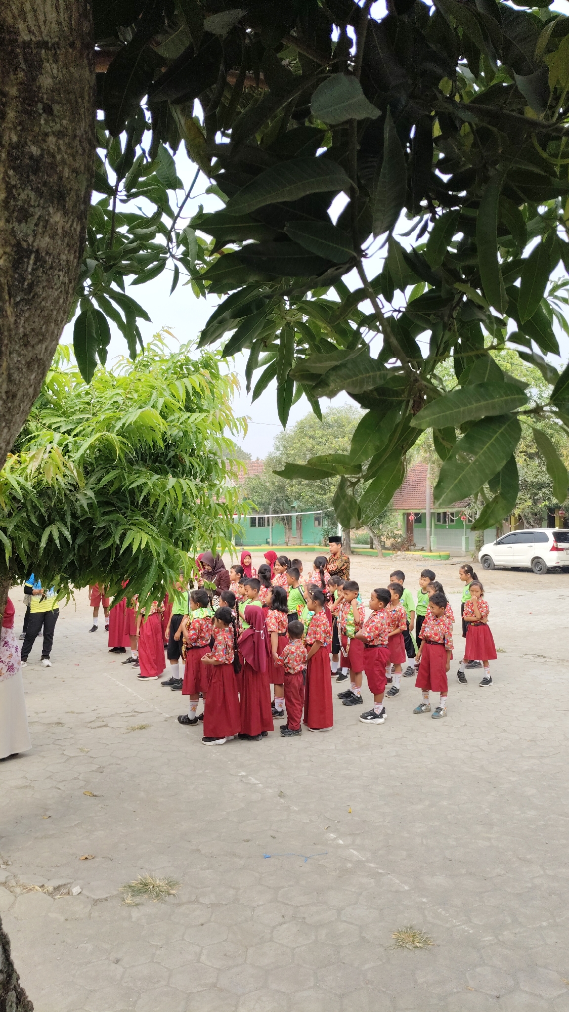 In Banjarsari, Indonesia, a group of young school children, predominantly girls, are gathered outdoors in a schoolyard. They are dressed in uniforms consisting of maroon skirts or shorts, and some wear green tops while others have tops with a red and white floral pattern. The children appear to be standing in a line or cluster, facing a woman who is wearing a maroon headscarf and a patterned top. She is interacting with the children, possibly giving instructions or telling a story. Another adult, a man wearing traditional Indonesian clothing with a batik pattern and a cap, stands behind the children, observing. The schoolyard is paved with hexagonal concrete blocks. In the background, there are school buildings with red tile roofs and green trim. The scene is framed by the lush green foliage of trees, with large leaves suggesting a tropical environment. The overall atmosphere suggests a school activity or assembly taking place in the morning or afternoon.