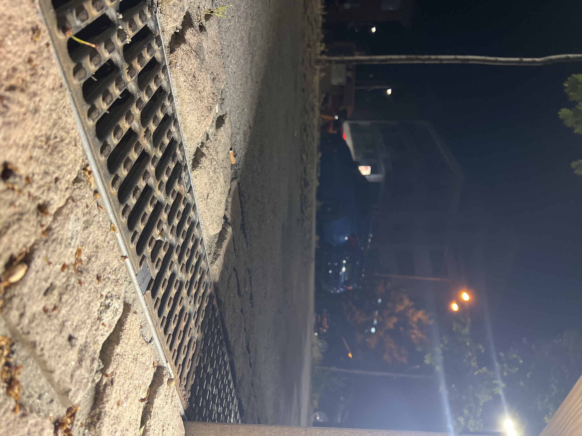 The image depicts a street-level view of a drainage grate in Blagoevgrad, Bulgaria, at night. The perspective is low, focusing on the metallic grate and the surrounding cobblestone and asphalt ground. In the background, the scene is illuminated by streetlights and lights from buildings. Several cars are parked or driving, including a blue sedan and an orange vehicle. Trees with illuminated foliage are visible, suggesting they are near streetlights. A single cigarette butt lies on the asphalt near the grate. The overall environment appears to be an urban outdoor setting.
