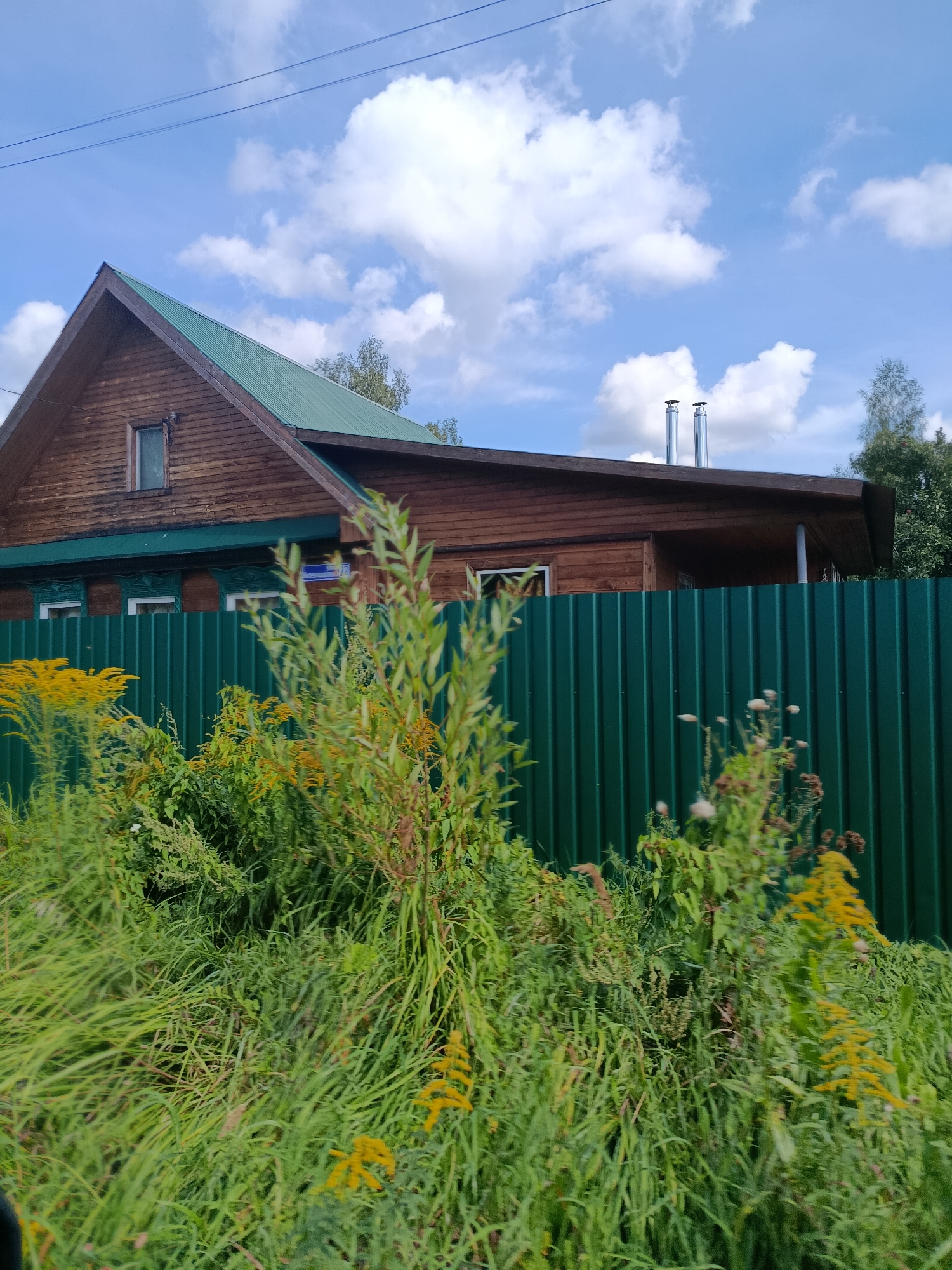 In a rural setting, possibly on the outskirts of Vereya, Russia, a wooden house with a green metal roof stands behind a tall, green corrugated metal fence. The house has a small window on its gable end and two visible chimneys on its roof. In front of the fence, lush green vegetation and yellow wildflowers grow, with some of the plants appearing tall and somewhat wild. The sky above is blue with scattered white clouds, and power lines are visible in the upper portion of the image.