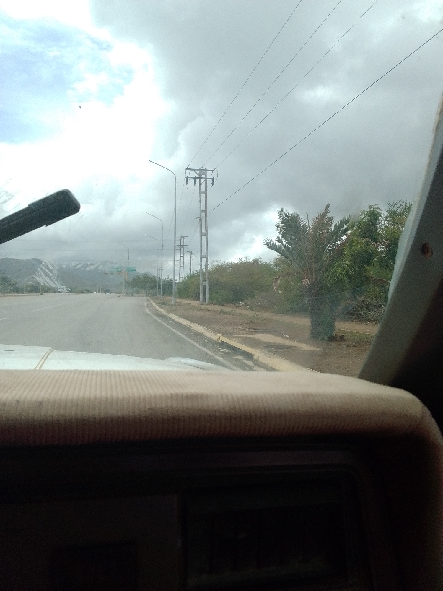The image shows a view from inside a vehicle, looking out onto a road in Altagracia, Venezuela. The scene depicts a cloudy, overcast day with a slightly hazy atmosphere, suggesting it could be morning or late afternoon. The road is paved and appears to be a highway or a major thoroughfare, with a few vehicles visible in the distance.
Along the side of the road, there are power lines supported by tall utility poles. A palm tree stands prominently on the right side of the road, with lush green foliage and trees behind it. In the background, mountains are visible, partially obscured by the haze. The landscape appears somewhat arid, with dry vegetation and dirt areas alongside the paved road.
The interior of the vehicle is partially visible, with a textured beige dashboard or interior panel in the foreground. The perspective suggests the photo was taken from the driver's seat or passenger seat. There is no discernible text in the image. The overall impression is a journey through a somewhat rural or suburban area under a grey, possibly humid, sky.