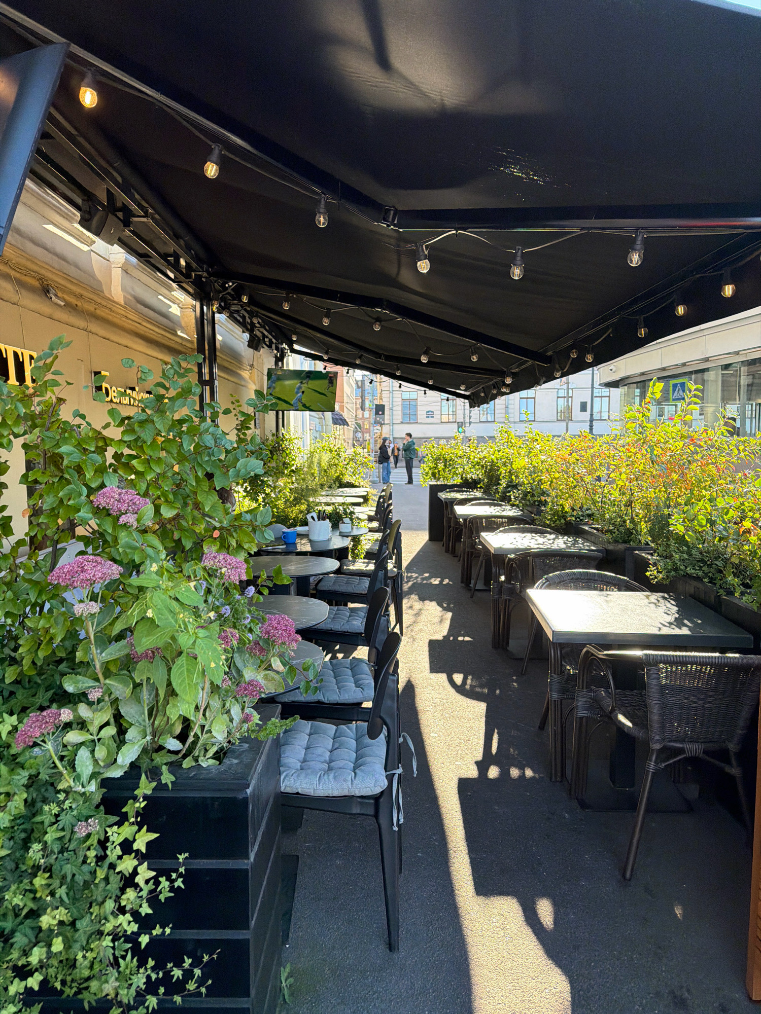 The image shows an outdoor cafe seating area in Saint Petersburg, Russia, covered by a black awning. The seating area features multiple tables and chairs, with a row of lush green plants and flowers in planters separating the tables from a building. String lights are visible along the awning. In the background, two people are walking away from the camera. A television screen is mounted on the wall of the building, displaying a sports game. The ground is paved with asphalt. The sun is casting long shadows across the scene, indicating it is likely late afternoon.