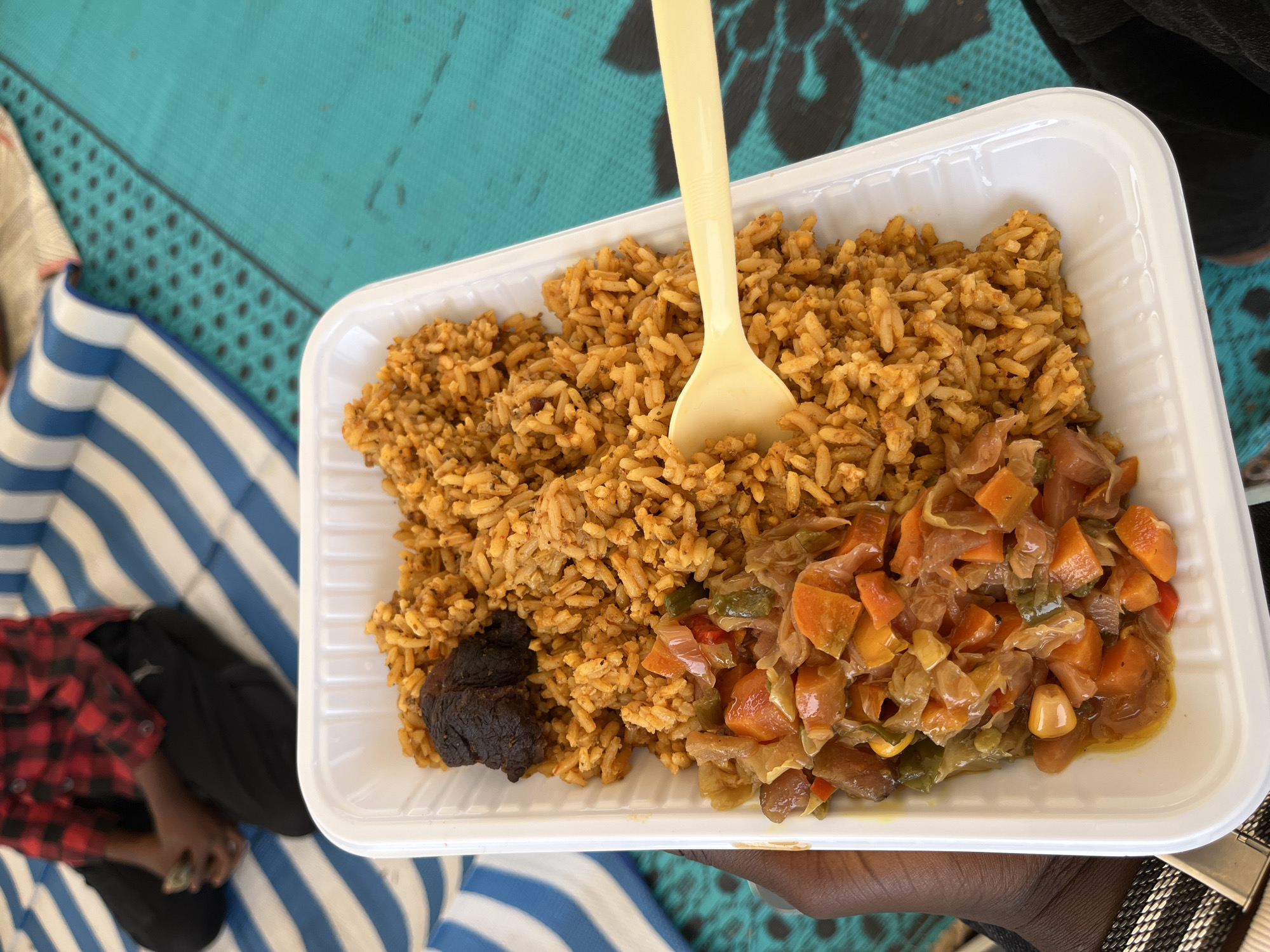 In Bar Jirgi Summa, Nigeria, a person's hand holds a white disposable tray filled with a meal. The tray contains a portion of Jollof rice, characterized by its reddish-orange hue and long grains. Alongside the rice are stewed vegetables, including diced carrots, onions, bell peppers, and what appears to be corn kernels. A piece of dark, dried meat sits atop the rice. A yellow plastic fork rests partially in the rice. The background reveals a person wearing a red and black plaid shirt and black pants, seated on a blue and white striped mat, with a turquoise mat patterned with black dots visible to the right.
