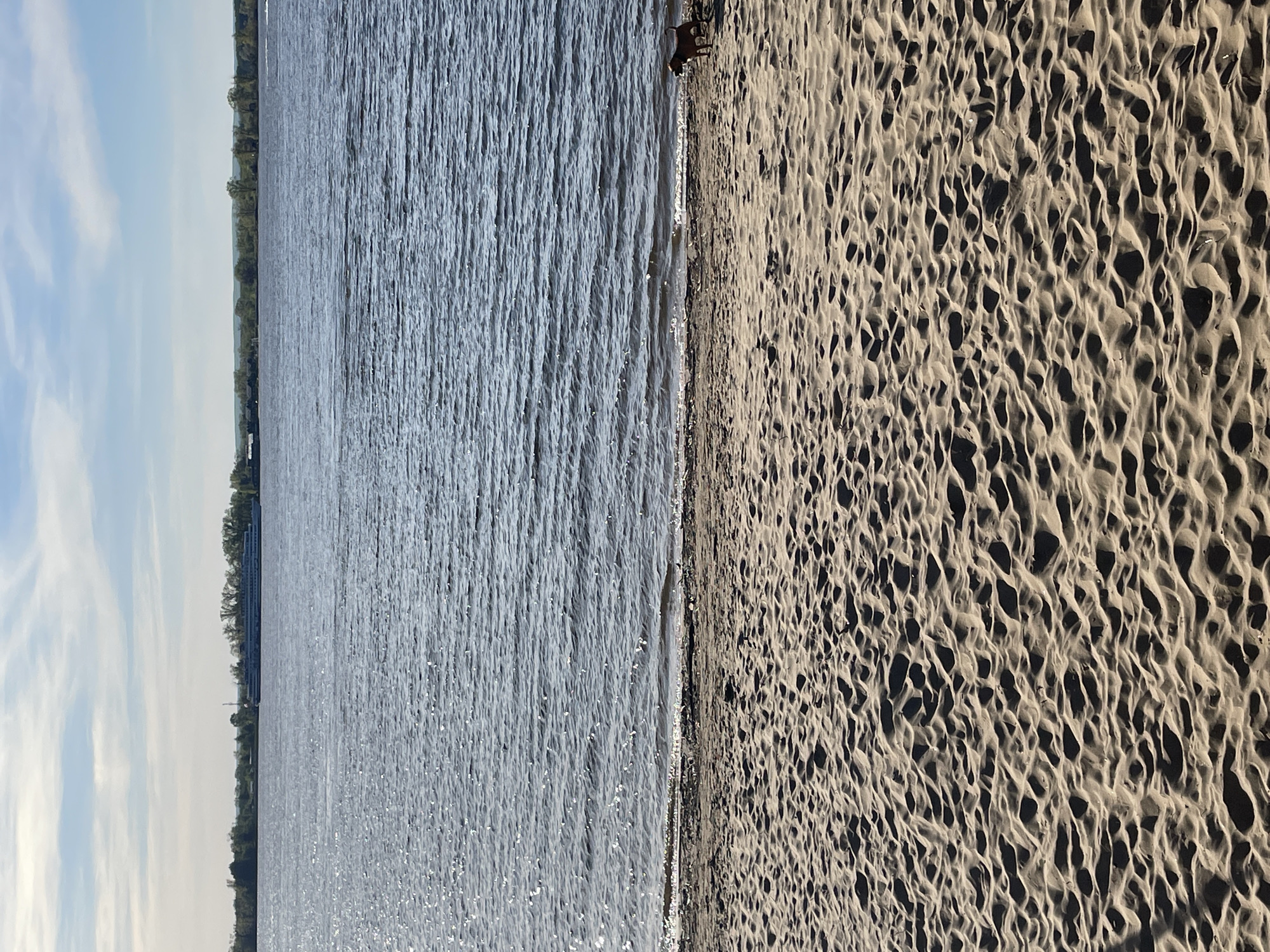 A view of the Volga River in Novokuybyshevsk, Russia, with a sandy beach on the right and the river on the left. The sky is partially visible with clouds, and trees line the opposite bank of the river.