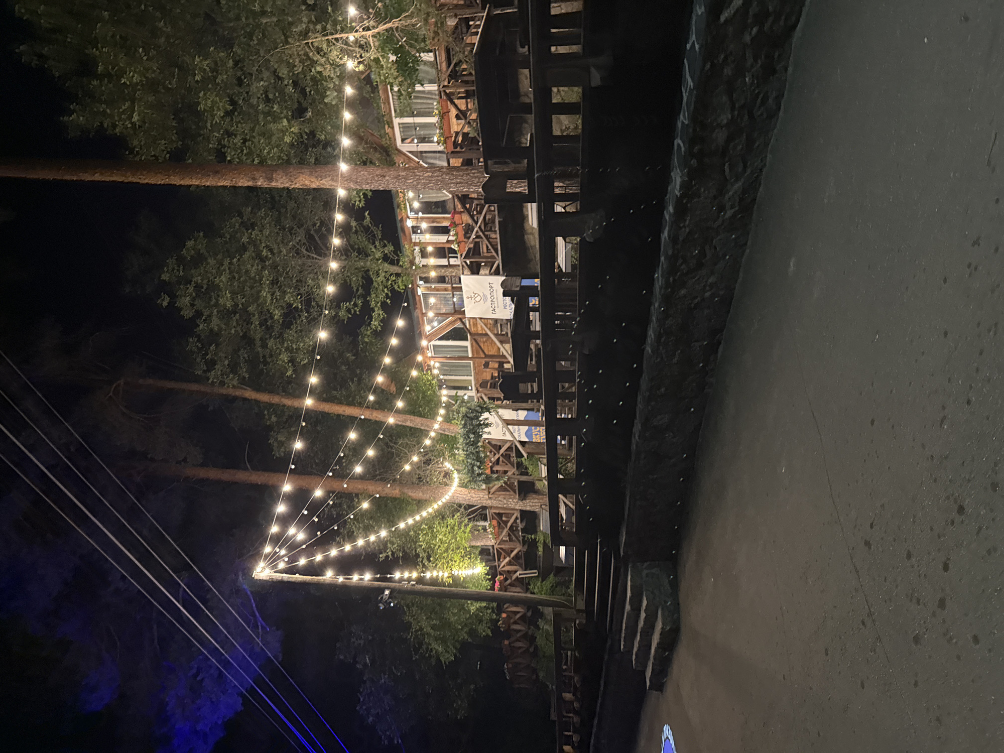 The image depicts a nighttime scene at a restaurant named "GASTRSPORT" located in Zolotoi Plyazh, Russia. The restaurant appears to be a multi-story wooden structure nestled amongst tall trees. String lights are draped across the trees and illuminate the outdoor seating area, which includes wooden tables and chairs. A set of stone stairs leads up to the restaurant's entrance. The ground in front of the restaurant is paved with asphalt. The surrounding environment is dark, indicating it is nighttime, and the trees suggest a natural, possibly forested, setting. There are no people visible in the frame.