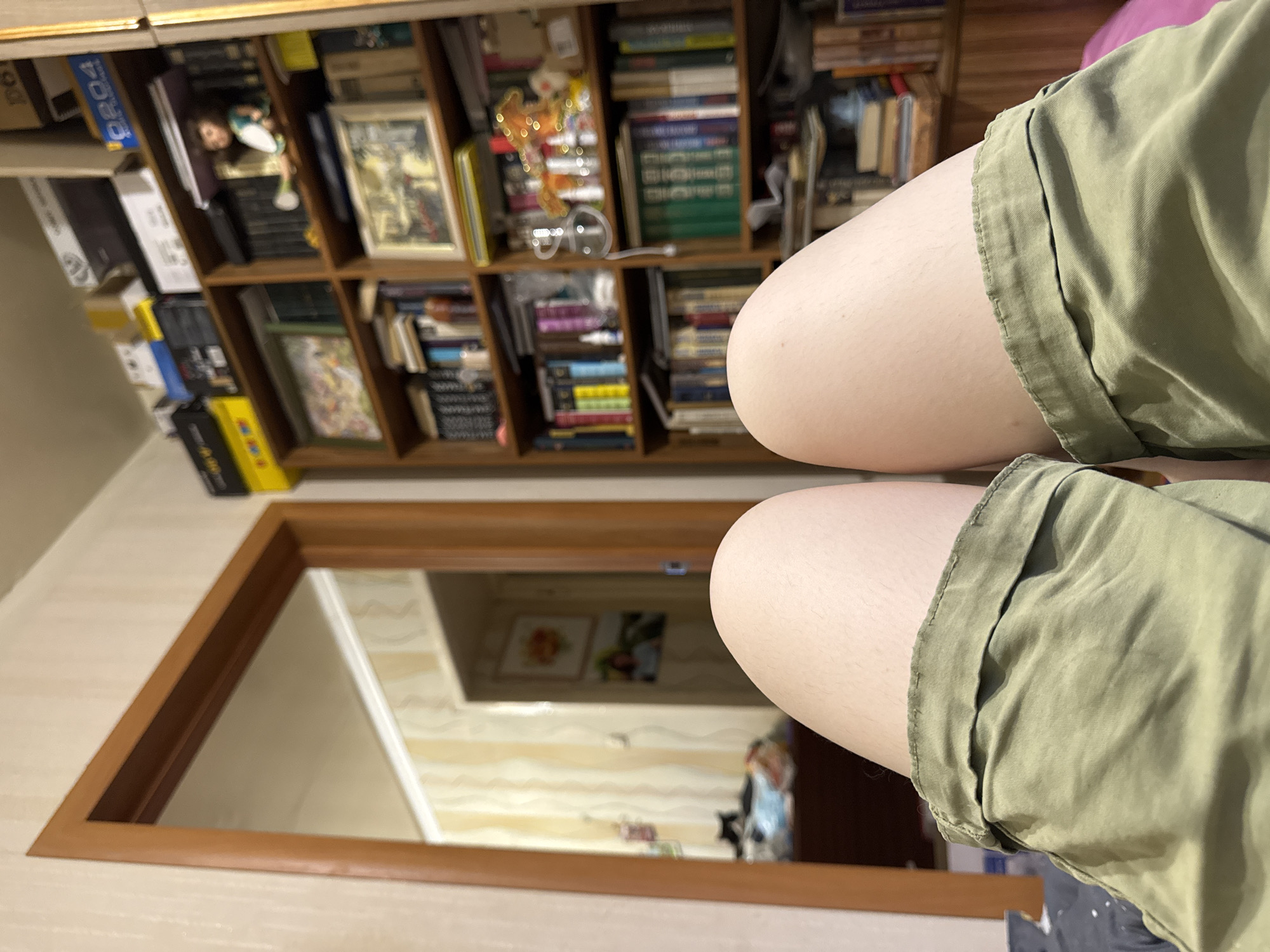 The image shows a pair of legs wearing green shorts, positioned in front of a bookcase and a mirror. The bookcase is filled with books and various decorative objects. The mirror reflects a room with paintings on the wall and other items. The location is not discernible as Izhevsk, Russia.