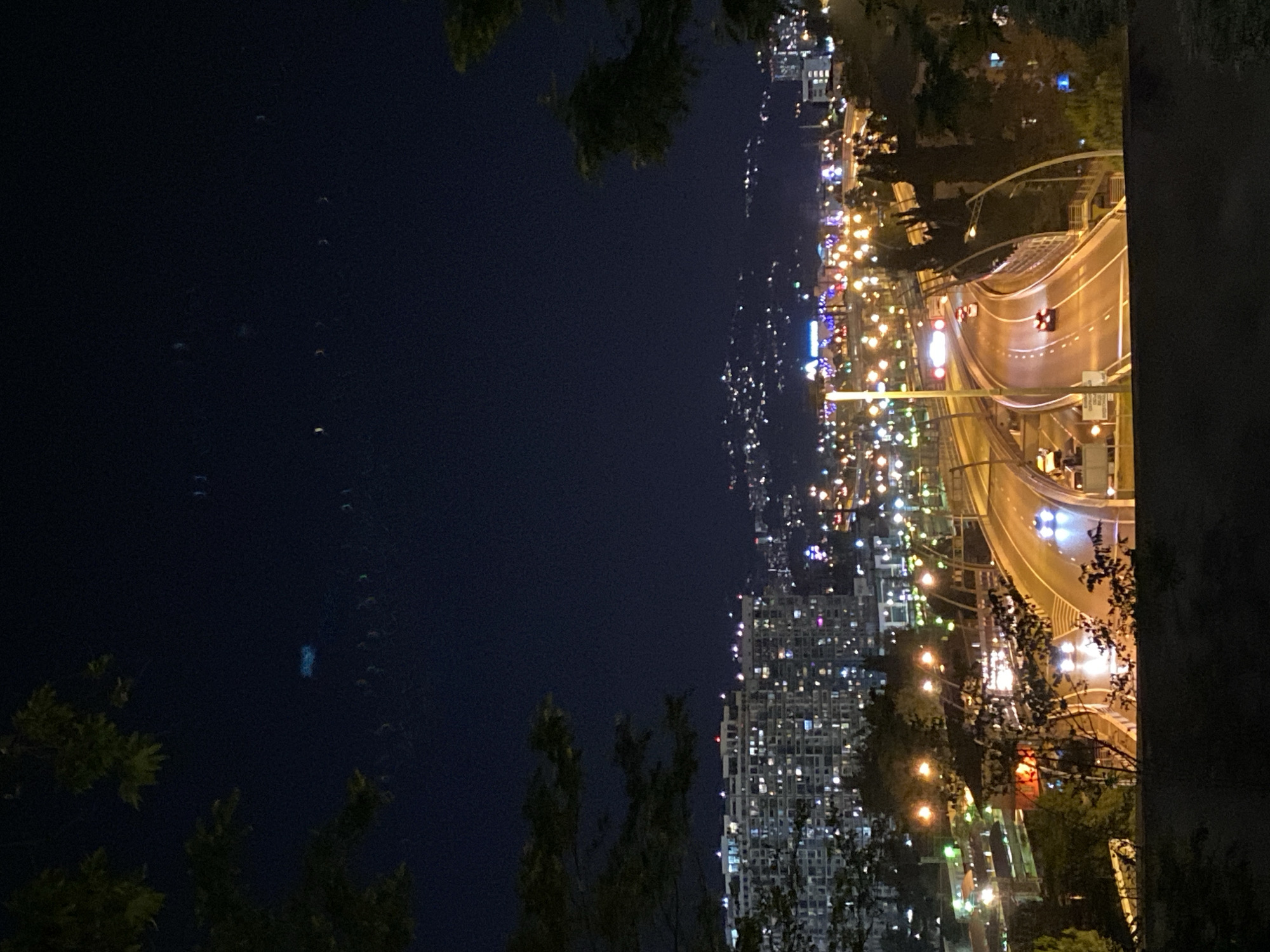 The image depicts a nighttime view of a highway and city skyline, likely in Sochi, Russia, given the presence of palm trees characteristic of the region and the urban development. The scene is dominated by the deep blue of the night sky, sparsely populated with a few indistinct bright specks that could be distant stars or atmospheric phenomena.
In the foreground, dark foliage frames the view from the top left and top right corners, suggesting the vantage point is from a higher elevation, possibly a hill or elevated park overlooking the city.
Below the sky, a multi-lane highway curves through the urban landscape. Headlights and taillights of vehicles create streaks of light, indicating movement on the road. Several cars are visible, with their lights casting glows on the asphalt. Streetlights line the highway, illuminating sections of the road and the surrounding area with warm yellow and white light.
Beyond the highway, the city sprawls across rolling hills. Numerous buildings are visible, many of them illuminated with countless glowing windows, creating a textured tapestry of light against the dark terrain. Some taller structures, possibly apartment complexes or hotels, stand out with their grid-like patterns of light. In the mid-ground and background, clusters of smaller lights suggest more distant residential areas or commercial districts. Some of these lights appear colorful, hinting at decorative or festive lighting.
The overall impression is one of a vibrant, active city at night, with the infrastructure of the highway facilitating its connectivity and the illuminated buildings signifying its population and economic activity. The contrast between the dark, natural elements in the foreground and the bright, man-made landscape of the city creates a dynamic visual experience.