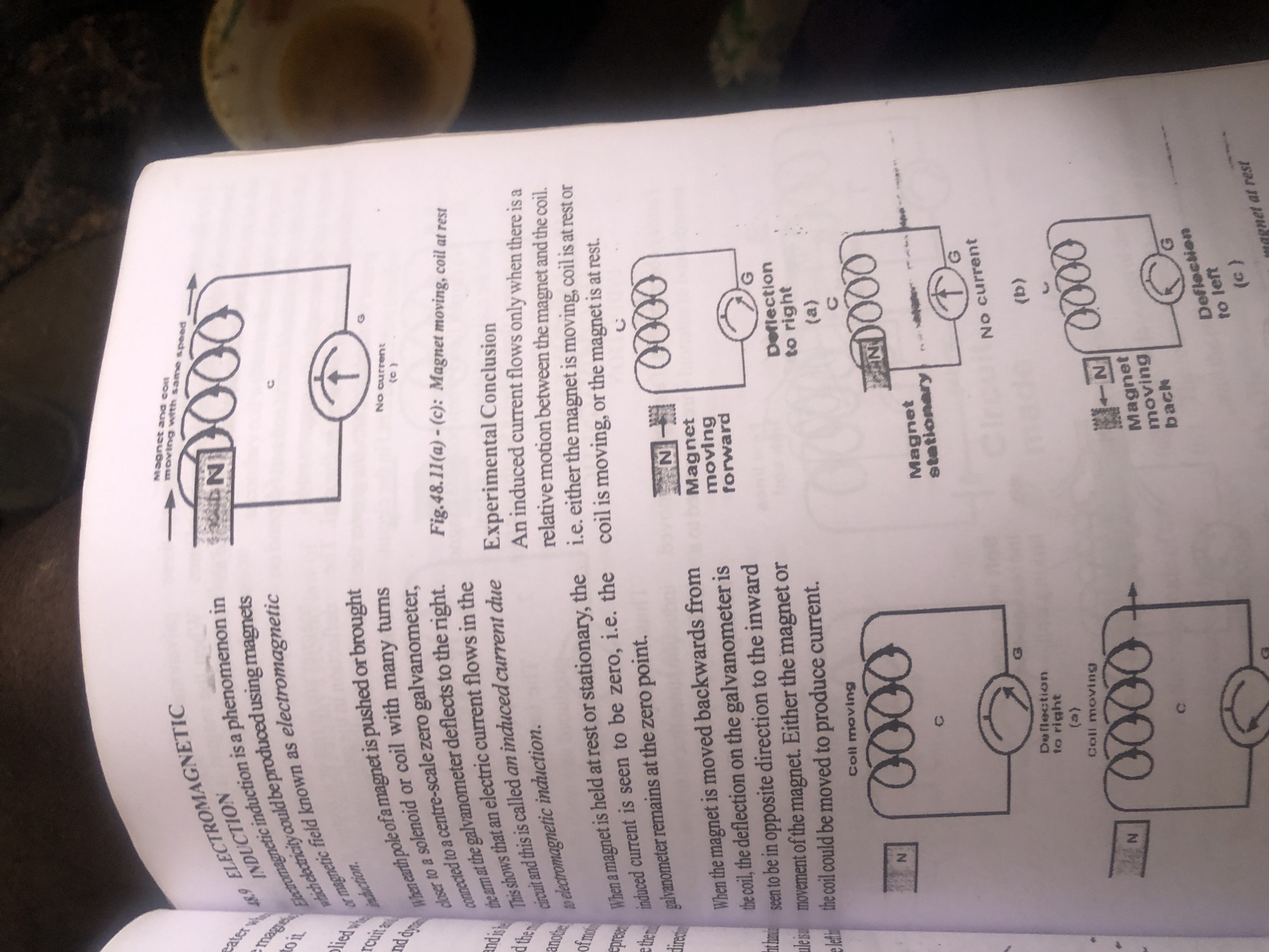The image shows a page from a textbook discussing electromagnetic induction. The page contains text and several diagrams illustrating the concept. The text explains that electromagnetic induction is a phenomenon where electricity can be produced using magnets or magnetic fields. It describes experiments involving a magnet and a coil connected to a galvanometer, showing how the movement of the magnet relative to the coil induces a current. The diagrams depict different scenarios: a magnet moving towards a coil, a stationary magnet with a coil, and a magnet moving away from a coil, with corresponding galvanometer deflections indicating current flow.
This image is a scanned document and does not depict any real-world scene in Jalingo, Nigeria, or any other city. It is a representation of educational material.