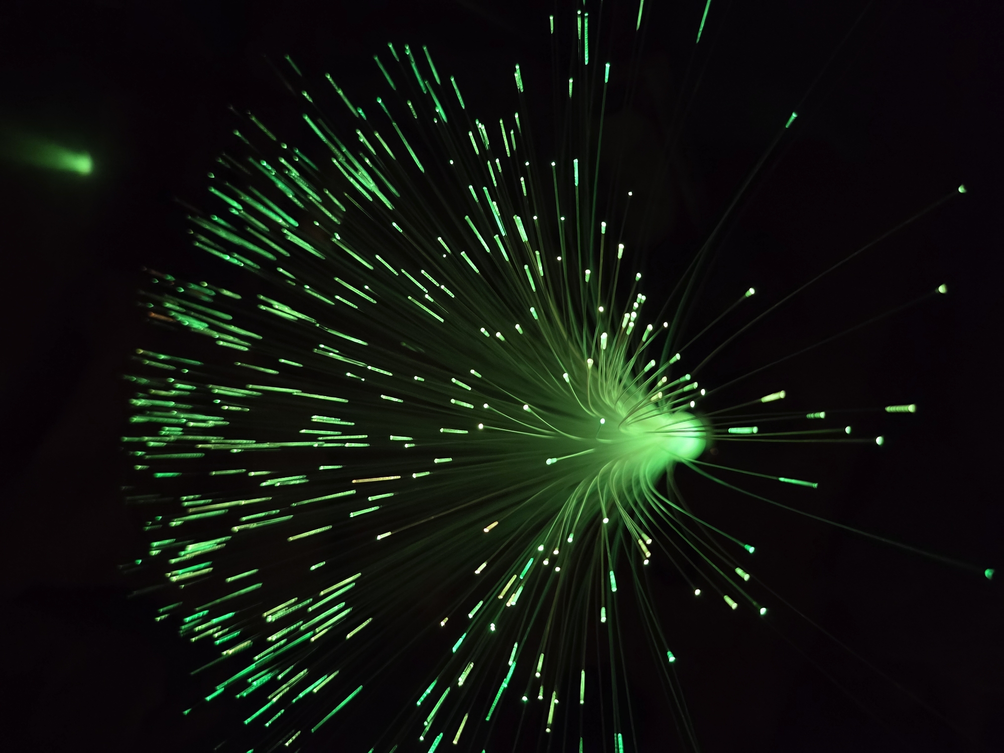 The image displays a cluster of green illuminated fibers against a black background. The light source appears to originate from the center, with the fibers radiating outwards in various directions. The fibers have varied lengths and different intensities of green light along their lengths, with brighter points at the ends. There are no discernible people, subjects, objects, actions, or interactions besides the illumination. The environment is completely black except for the light emitted by the fibers. There is no indication of the image being taken in Cherkovitsa, Bulgaria.
