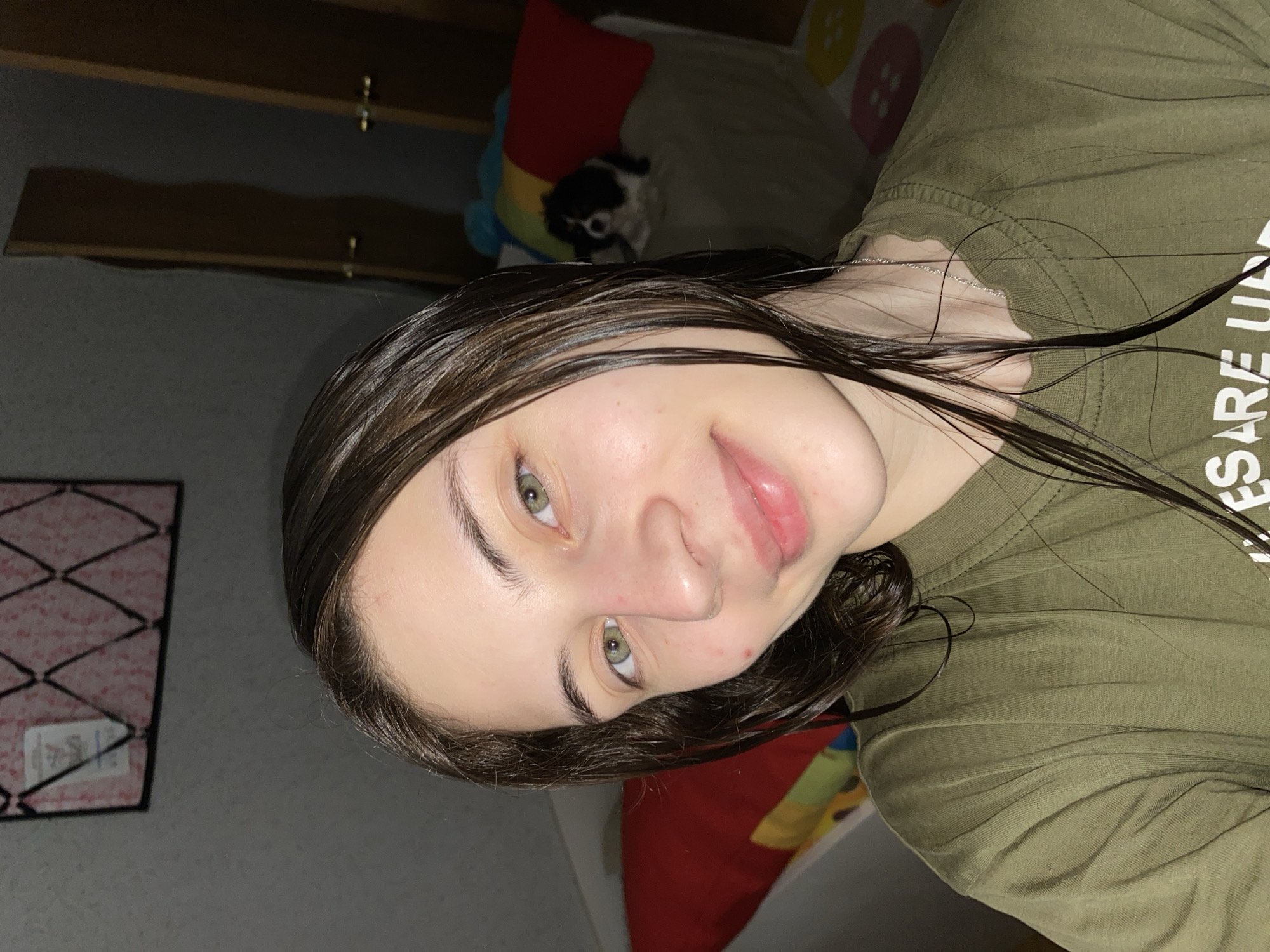 A young woman with wet, dark hair is facing the camera. She has fair skin, green eyes, and a slight smile. She is wearing an olive green t-shirt. In the background, there's a bed with pillows, a wall with a framed decorative item, and a partial view of what seems to be furniture or a shelf. A small dog is visible on the bed.
There is no information in the image to indicate that this photo was taken in Votkinsk, Russia.