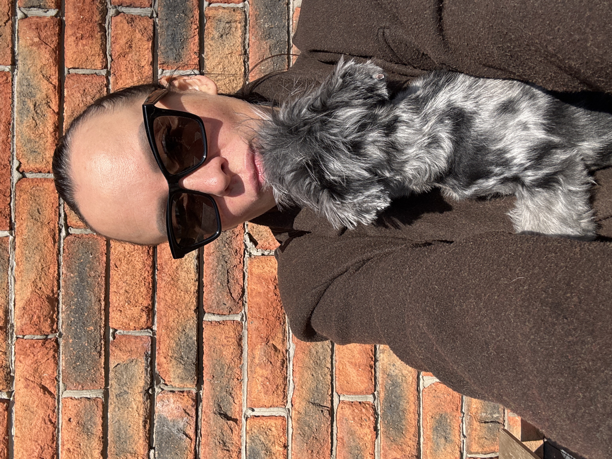 A person wearing dark sunglasses and a brown coat poses next to a brick wall. A fluffy gray and white animal rests on the person's chest. The location is not discernible in this image.