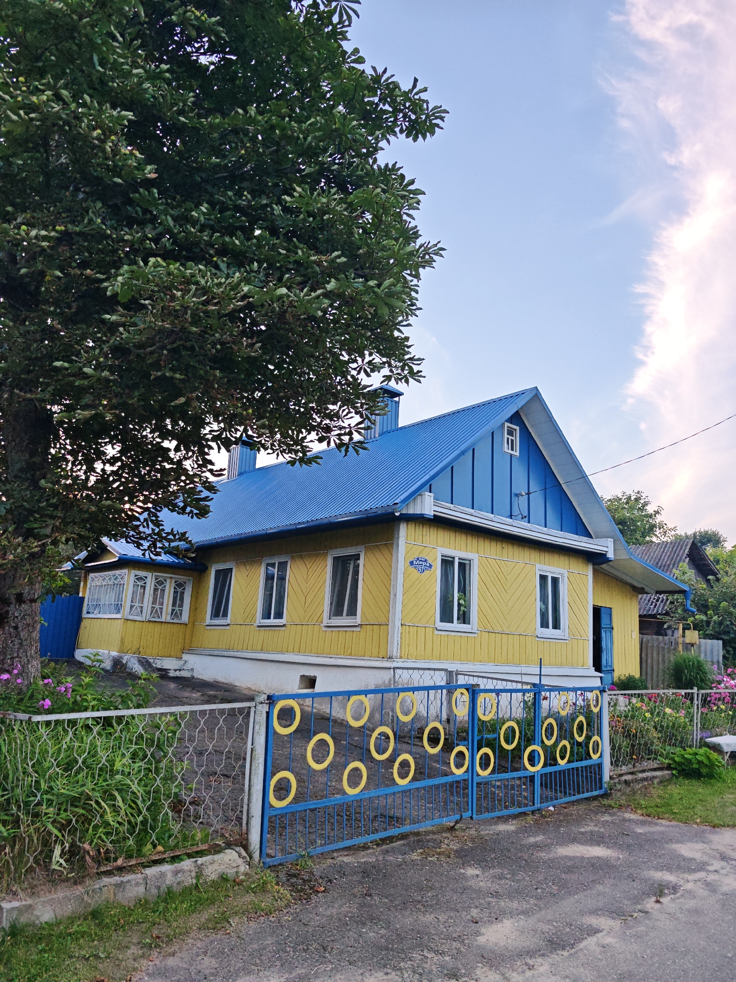 A yellow wooden house with a blue metal roof and a blue chimney stands on a paved driveway. The house has several white-framed windows and a small white attic window. A blue metal fence with yellow circular decorations is in front of the house, separating it from the street. Green grass and pink flowers grow along the fence and beside the house. A large tree with green leaves is to the left of the house, partially obscuring the upper portion of the building. The sky is visible above the house, with some wispy white clouds. The location is the city of Валожынскі сельскі Савет, Belarus.