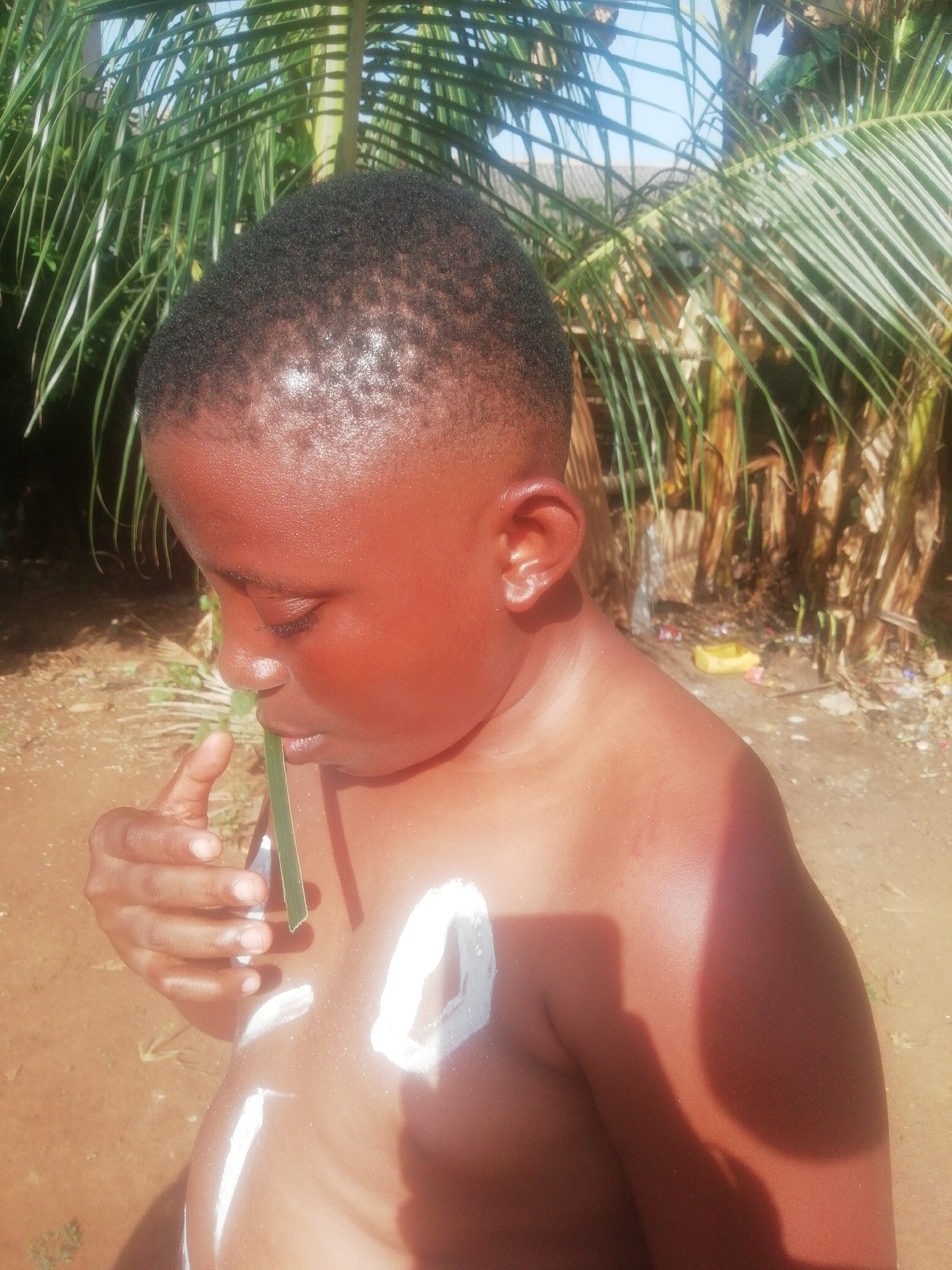 A shirtless child stands outside in sunlight near a palm tree and a patch of dirt, holding a green stem to their lips with their right hand. White paint or liquid is smeared across the child's chest. The location is the city of Unknown, Unknown.