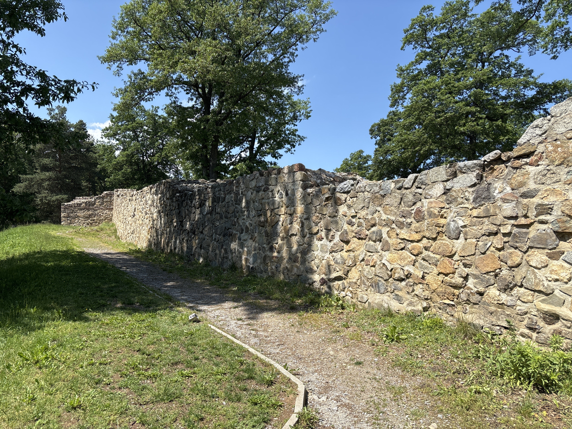 The image depicts an outdoor scene in Belchinski Bani, Bulgaria, featuring ancient stone walls, a dirt path, green vegetation, and a clear blue sky.
The prominent feature on the right and extending into the background is a robust stone wall, constructed from irregularly shaped, rough-hewn stones cemented together. The stones vary in color, including shades of gray, beige, brown, and reddish-brown. The wall shows signs of age and partial ruination, with an uneven top edge. Distinct shadows from the wall fall onto the ground to its left, indicating strong sunlight from the upper right.
A narrow, unpaved dirt and gravel path runs along the base of the stone wall, curving gently towards the background on the left. A low, light-colored concrete or stone curbing delineates the left edge of the path from a grassy area in the foreground. In the mid-ground, on the right side of the path, a small, light-colored rectangular object, possibly a brick or piece of concrete, rests on the ground.
To the left of the path and in the foreground, the ground is covered with green grass, interspersed with some weeds and bare patches. Beyond the walls and path, and framing the top of the image, are numerous large, deciduous trees with dense, vibrant green foliage, indicative of a summer or late spring season. Some coniferous trees are visible further in the background. The trees partially obscure a clear, bright blue sky, which contains a few wispy white clouds, primarily in the upper-left and center.
No people or animals are present in the scene. The overall impression is one of historical ruins integrated into a natural, verdant landscape under sunny conditions.