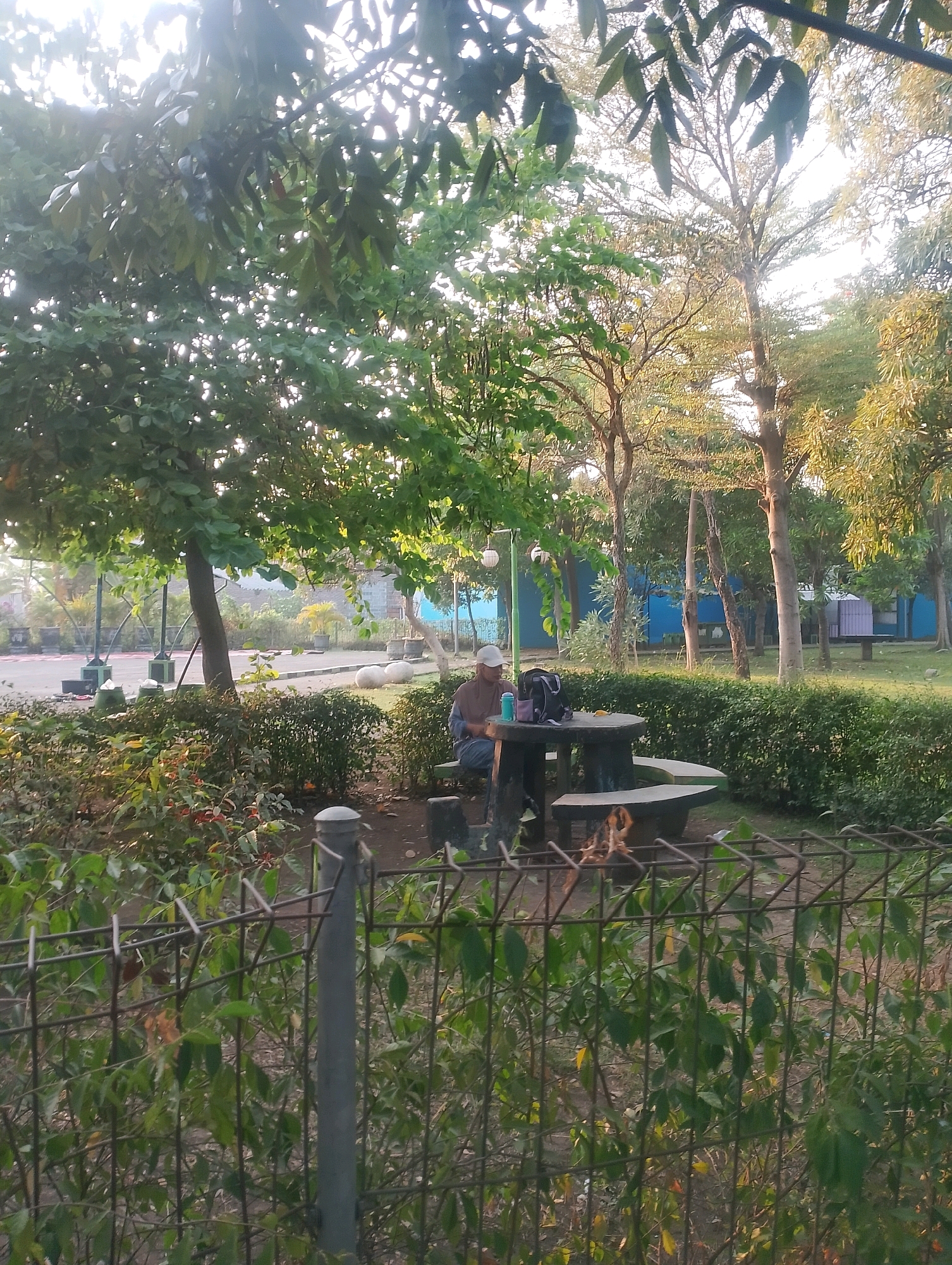 In a park in Probolinggo, Indonesia, a person sits alone at a picnic table. The individual is wearing a brown shirt and a white cap. On the table, there is a backpack, two water bottles, and a yellow object. The picnic table is made of concrete and is surrounded by a low hedge. In the background, there are several trees and buildings, one of which is blue and another is purple. The sun is shining, casting dappled light through the leaves of the trees. A wire fence with a metal post is in the foreground, obscuring some of the view of the park.