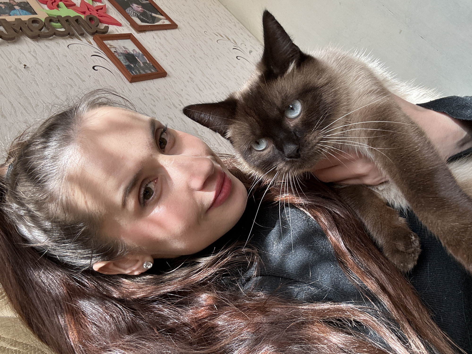 The image shows a woman holding a Siamese cat. The woman has long, dark brown hair and is wearing a dark gray or black top. She is looking towards the camera. The cat has blue eyes and is facing forward. The background includes a wall with decorative elements and framed pictures. Based on the location information provided, this image was likely taken in Сосново, Russia.