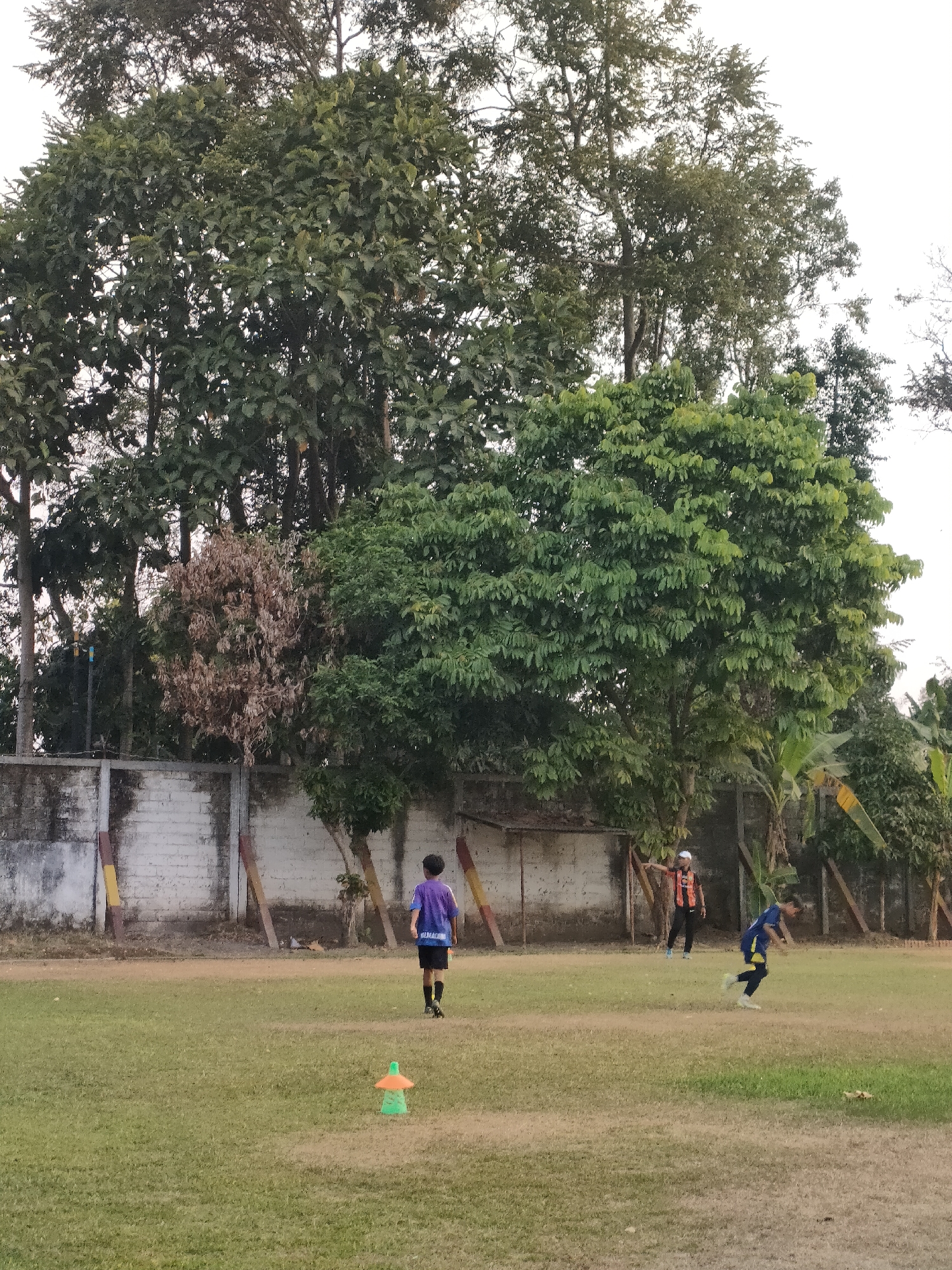 This is an outdoor image taken in Banguntapan, Indonesia, likely during the day as indicated by the natural lighting. The scene depicts a grassy field, possibly a sports ground, with several people present.
In the foreground, a young person is walking away from the camera, dressed in a purple t-shirt with white lettering and black shorts. To the right and slightly further back, another young person is in motion, wearing a blue and yellow athletic outfit. Further in the background, an adult wearing a white cap and an orange and black striped shirt stands facing left, with their right arm raised in a pointing gesture.
The field is a mix of green and dry grass, with a bright orange and green traffic cone visible in the middle ground. A white brick wall with vertical wooden posts runs along the background. Behind the wall, a variety of trees are visible, some lush green and others with brown, dry foliage, suggesting a mix of healthy and possibly dying vegetation. The sky is overcast and pale. The overall impression is a casual outdoor activity scene in a semi-urban or rural environment.