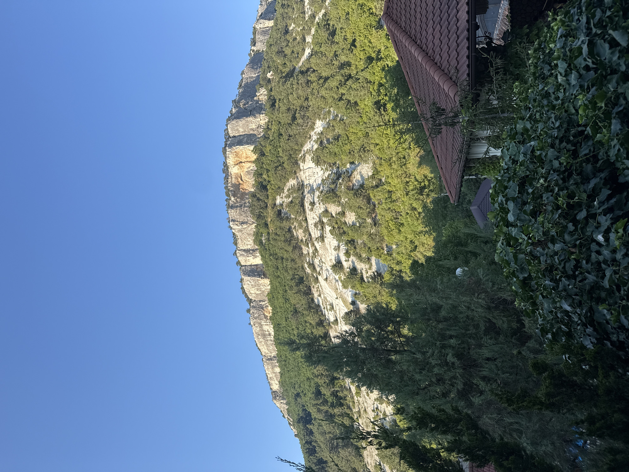 The image depicts a mountain landscape with a clear blue sky. In the foreground, there is dense green foliage and the roof of a building with reddish-brown tiles. Behind the foliage, a mountainside covered with trees and rocky outcrops rises steeply. The mountain summit is a sheer cliff face with a textured, layered appearance, featuring lighter and darker rock strata, and some patches of yellowish-orange rock. The overall impression is of a natural, possibly remote, outdoor setting. There are no visible people or animals. The location is identified as Krasnomakskoye rural settlement, Ukraine.