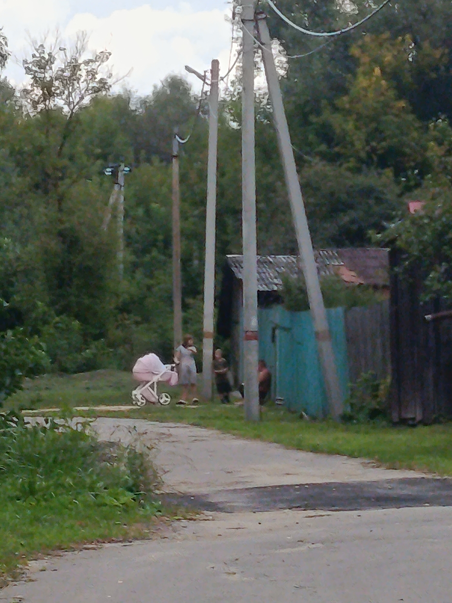 A full shot captures a street scene in Verreya, Russia, under a cloudy sky. A paved road curves through a grassy area with trees in the background. To the left, a pink baby stroller sits on the grass. A woman in a gray dress stands near the stroller, holding something in her hands. Further back, another person is visible. A blue building with a corrugated roof is situated behind them, with a wooden fence to its right. Several utility poles are scattered throughout the scene, some with visible wires. The overall impression is of a quiet, rural or suburban street.